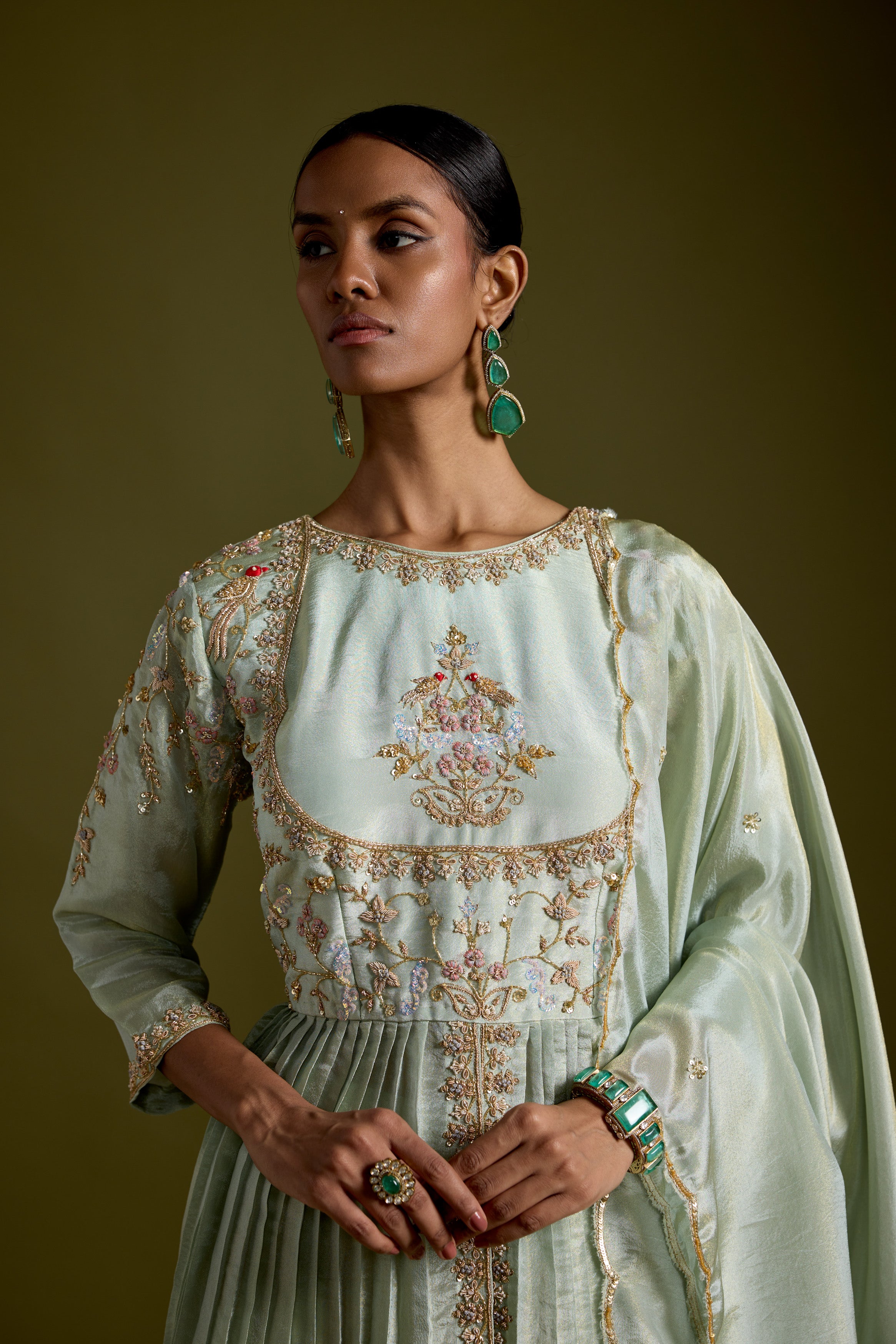 Pastel Green Embellished Shimmer Tissue Silk Skirt Set