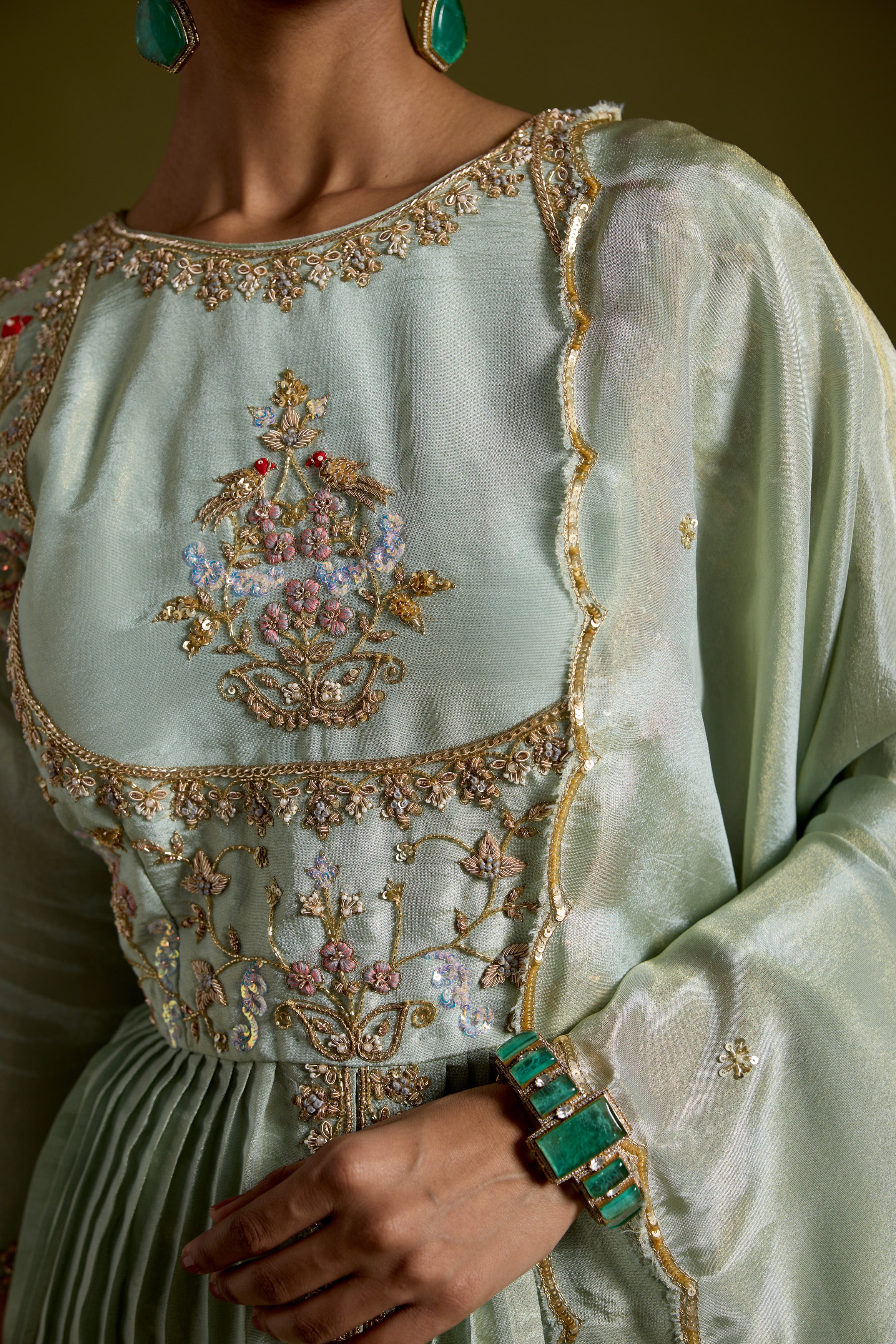 Pastel Green Embellished Shimmer Tissue Silk Skirt Set