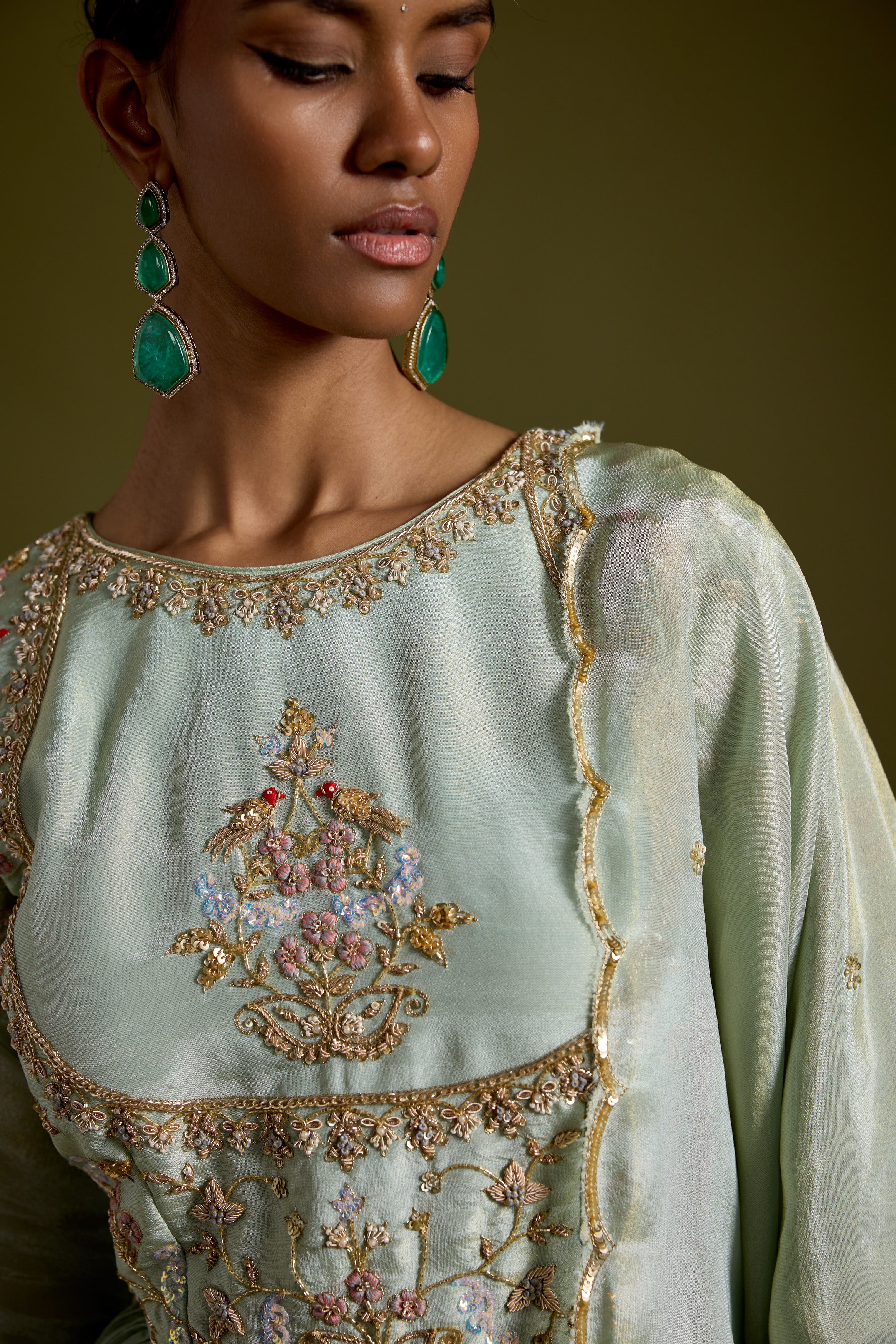 Pastel Green Embellished Shimmer Tissue Silk Skirt Set