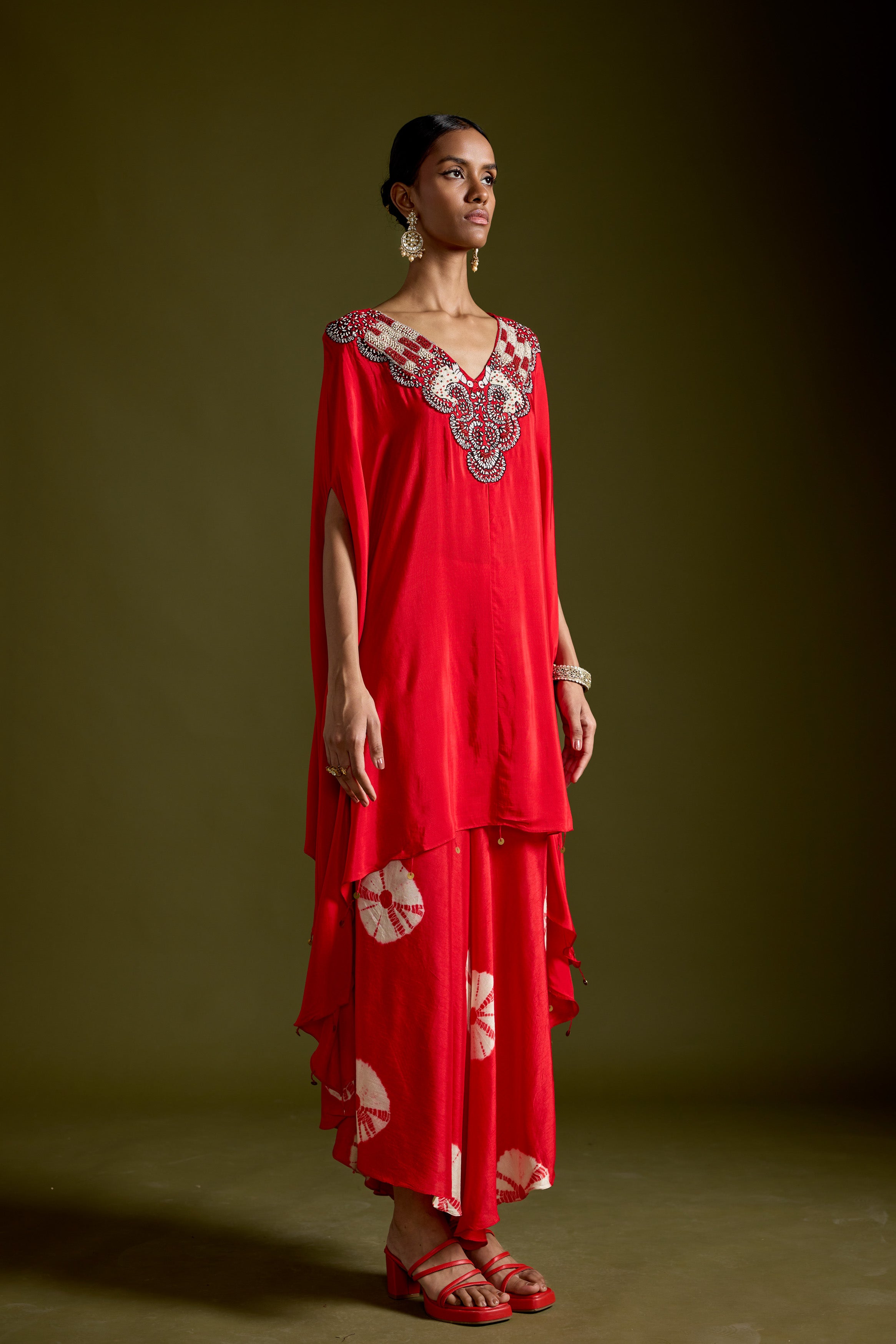 Red Embellished Premium Silk Kaftan Set