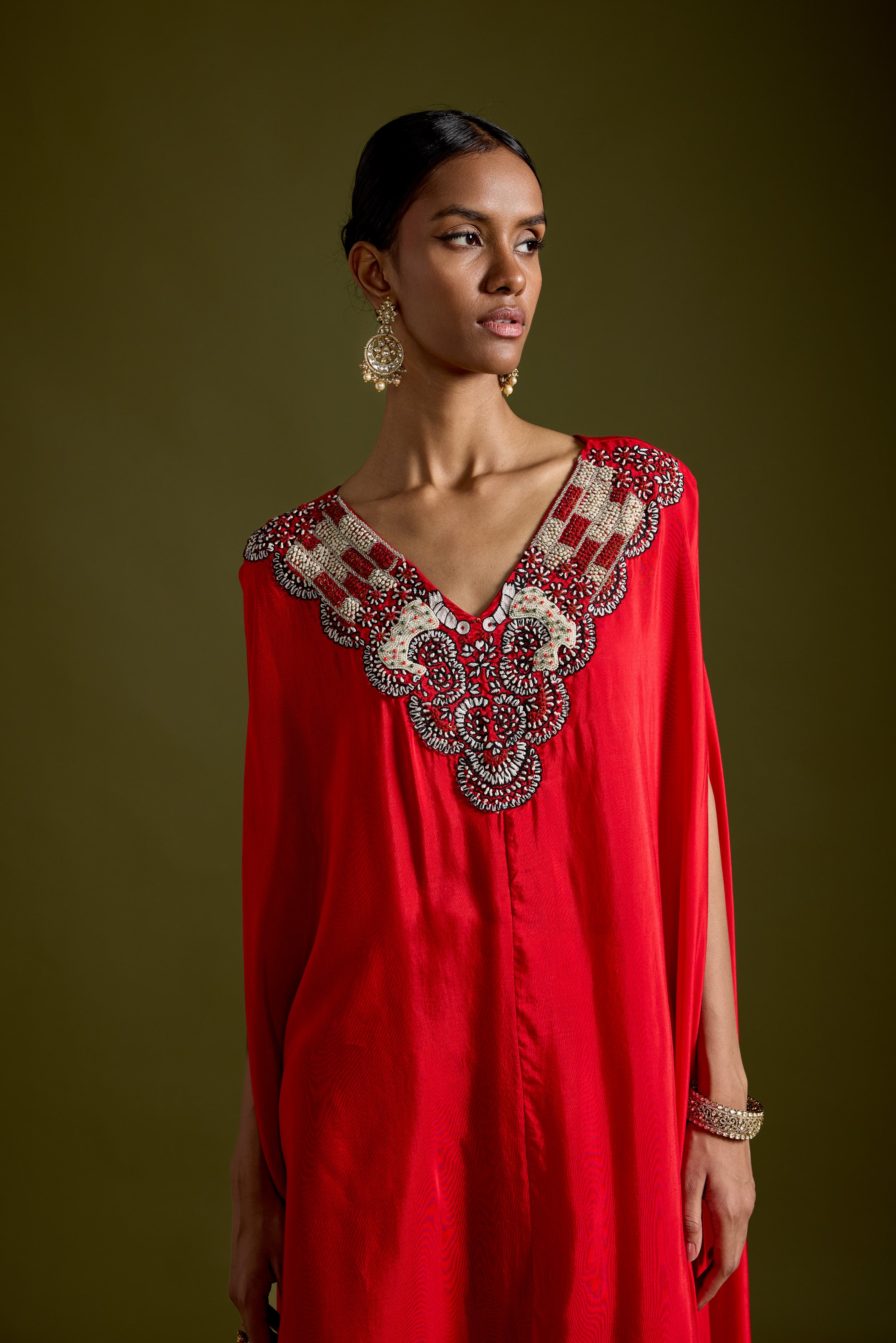 Red Embellished Premium Silk Kaftan Set