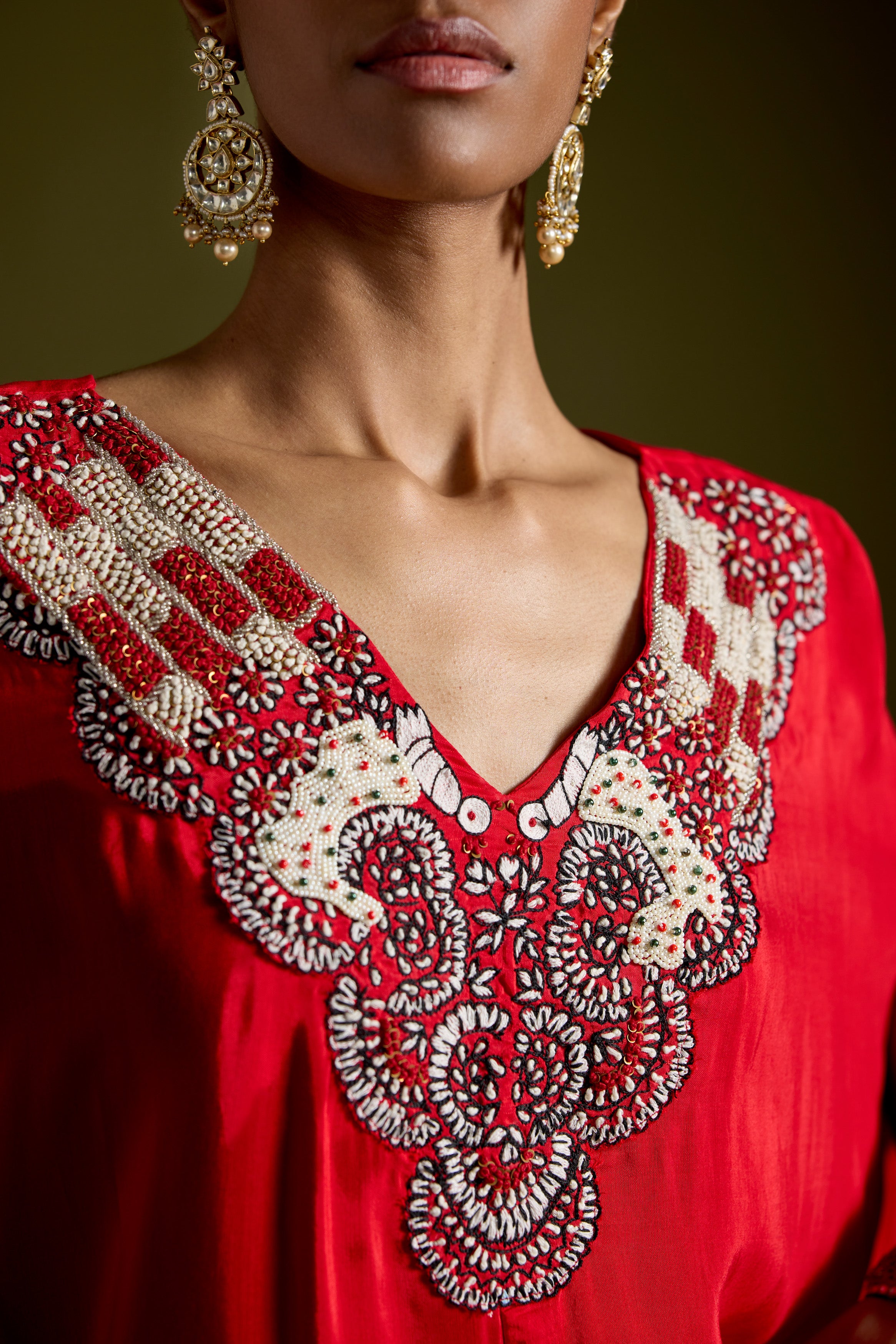 Red Embellished Premium Silk Kaftan Set