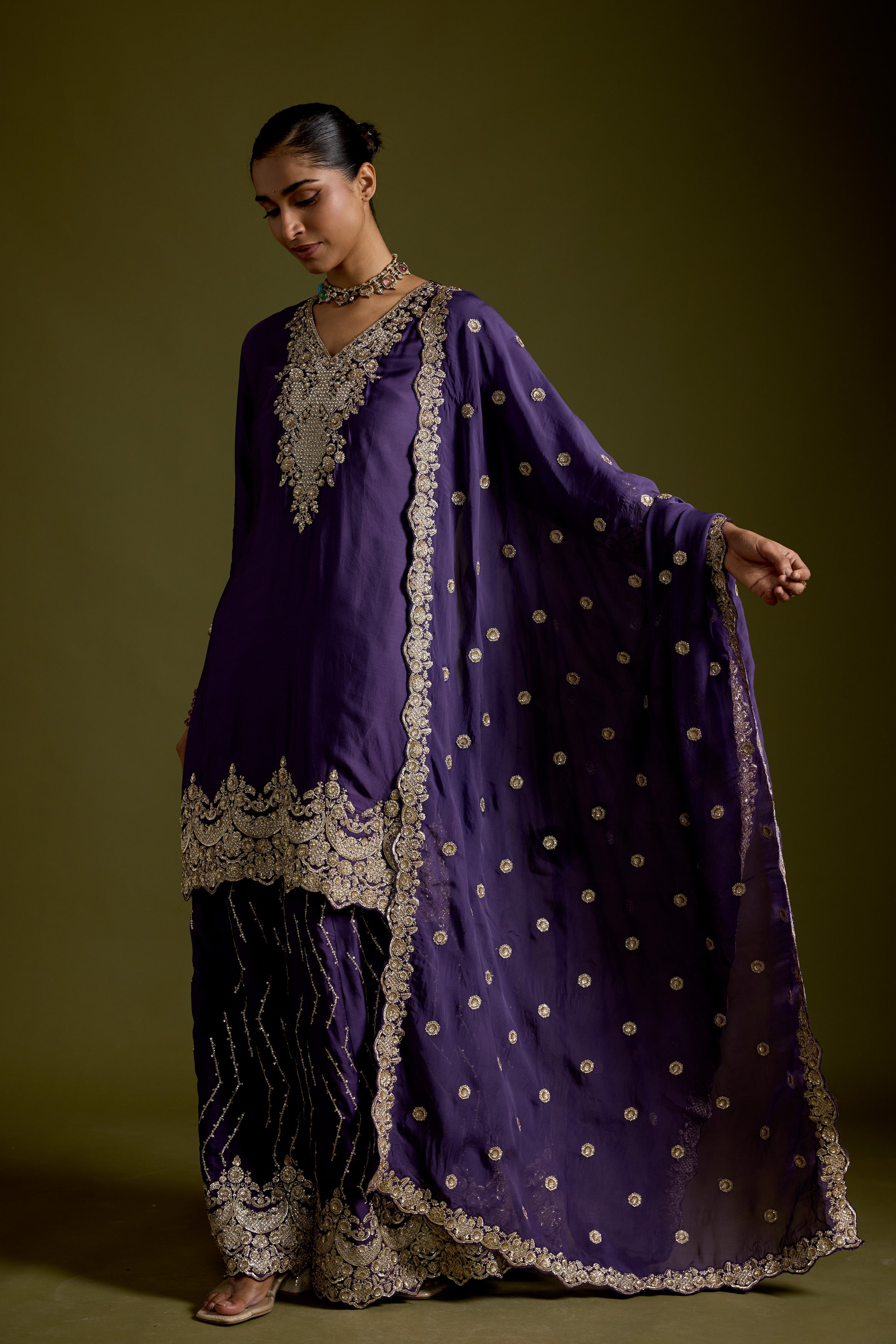 Violet Purple Embellished Satin Silk Palazzo Set