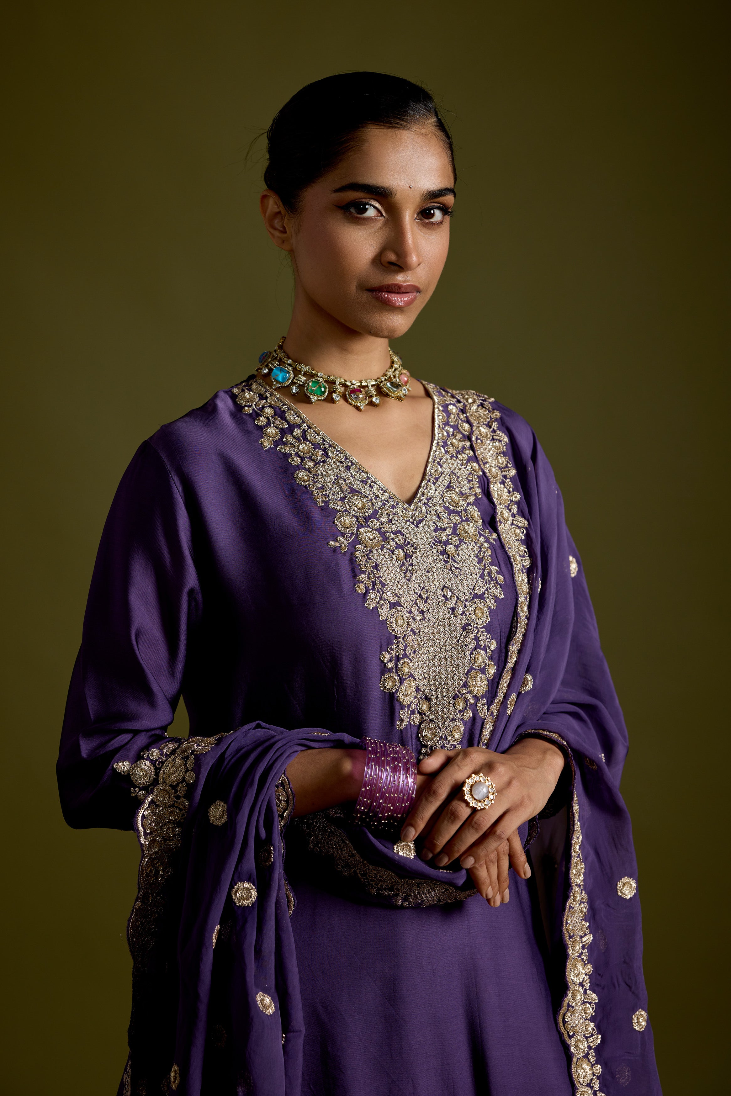 Violet Purple Embellished Satin Silk Palazzo Set