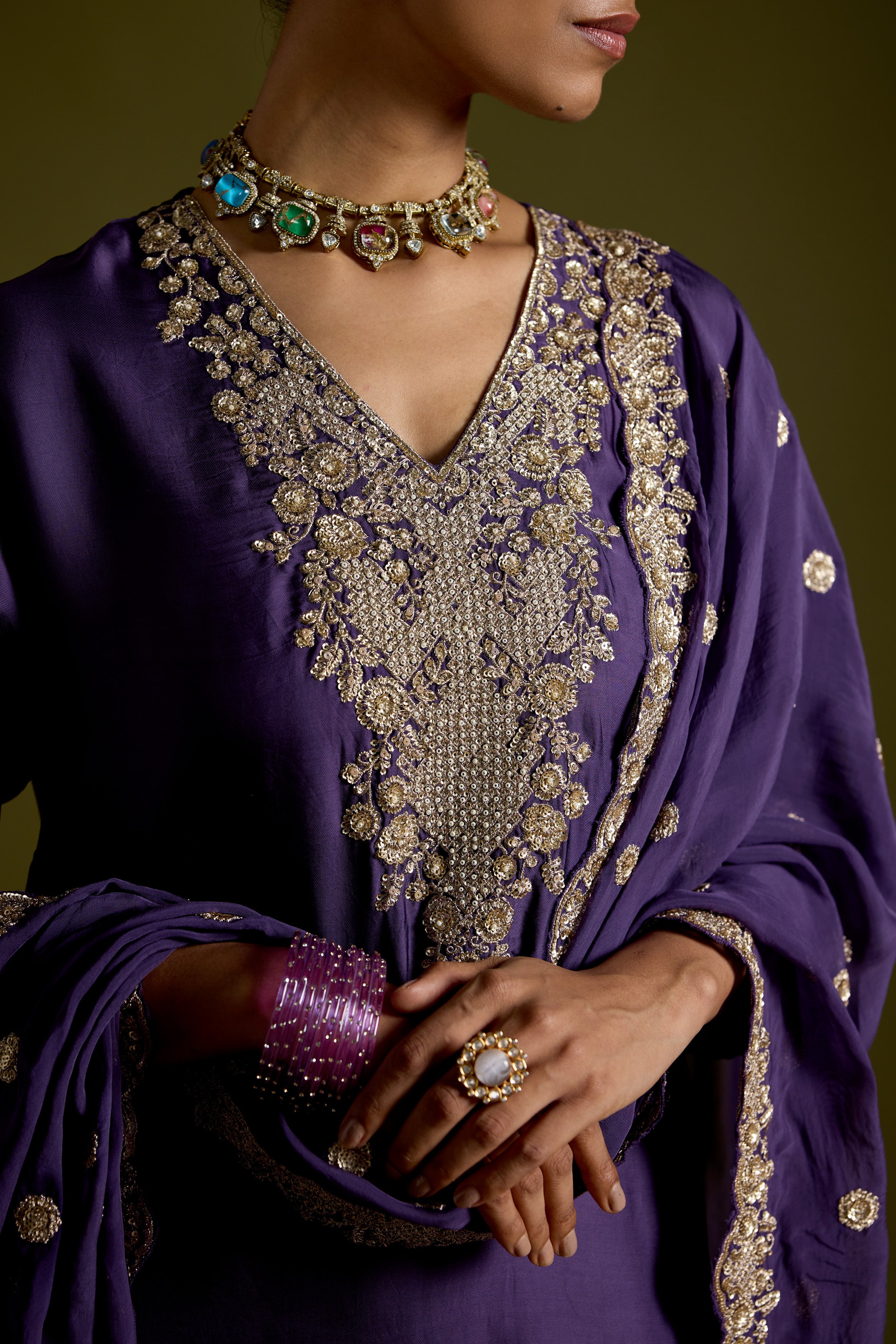 Violet Purple Embellished Satin Silk Palazzo Set