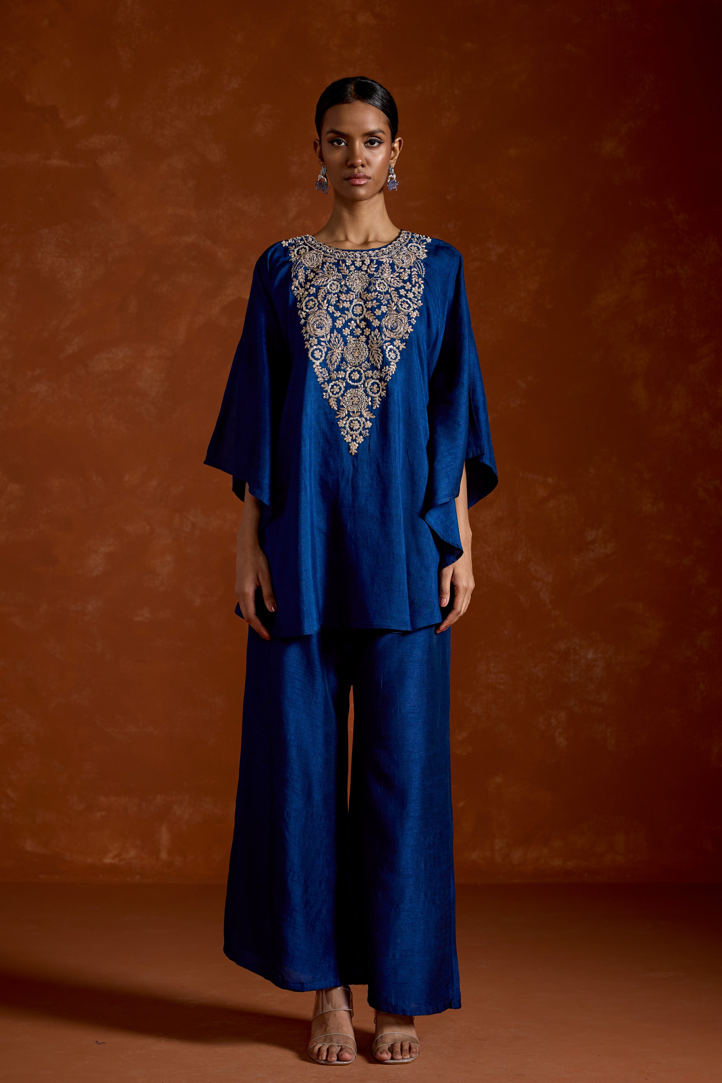 Deep Blue Embellished Raw Silk Kaftan Set