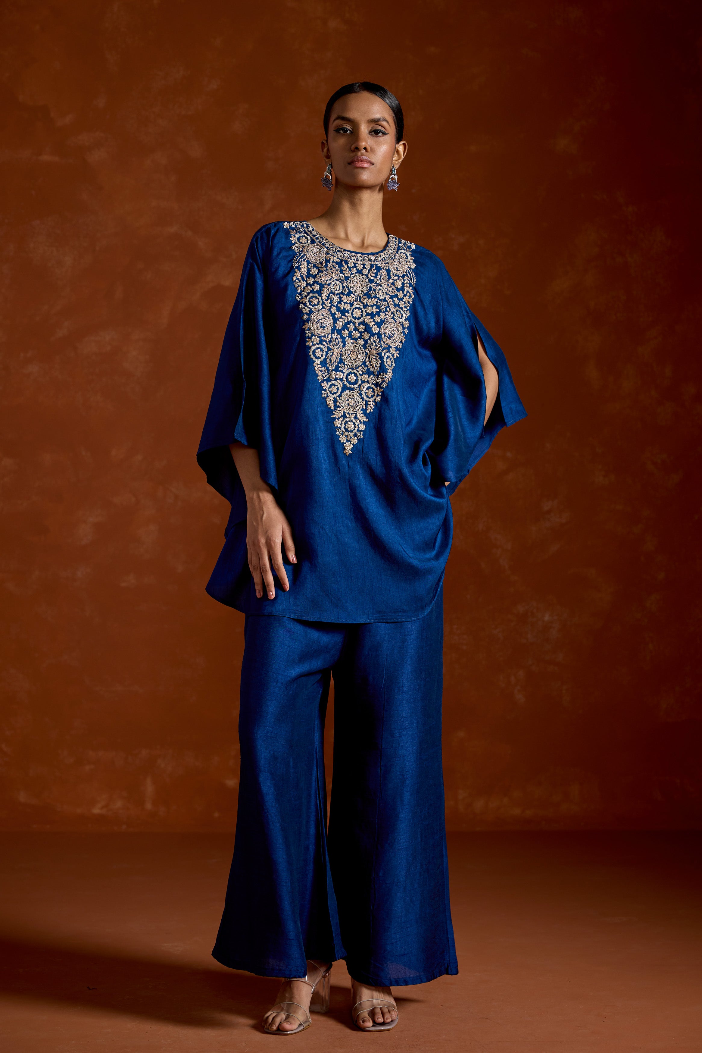 Deep Blue Embellished Raw Silk Kaftan Set