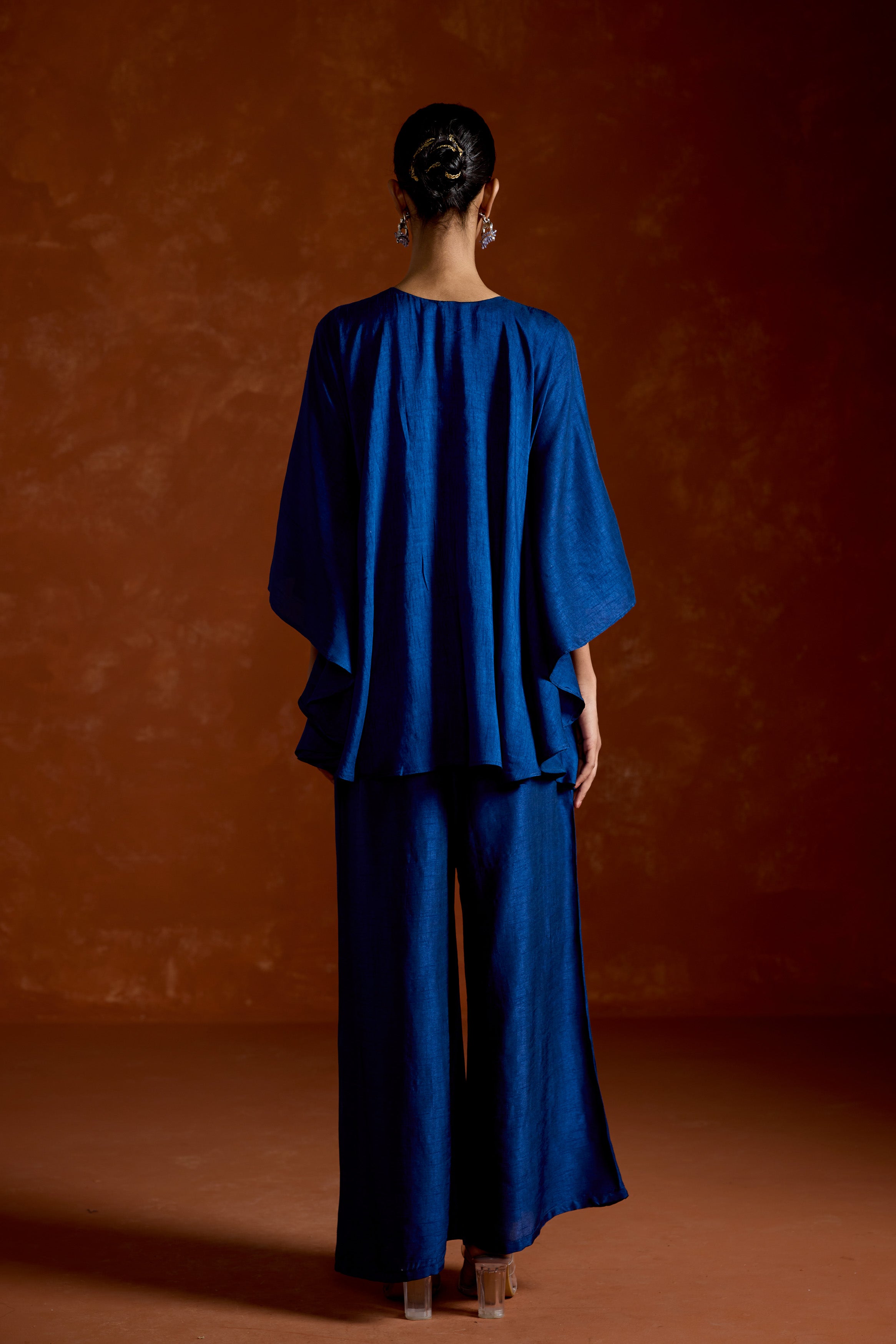 Deep Blue Embellished Raw Silk Kaftan Set