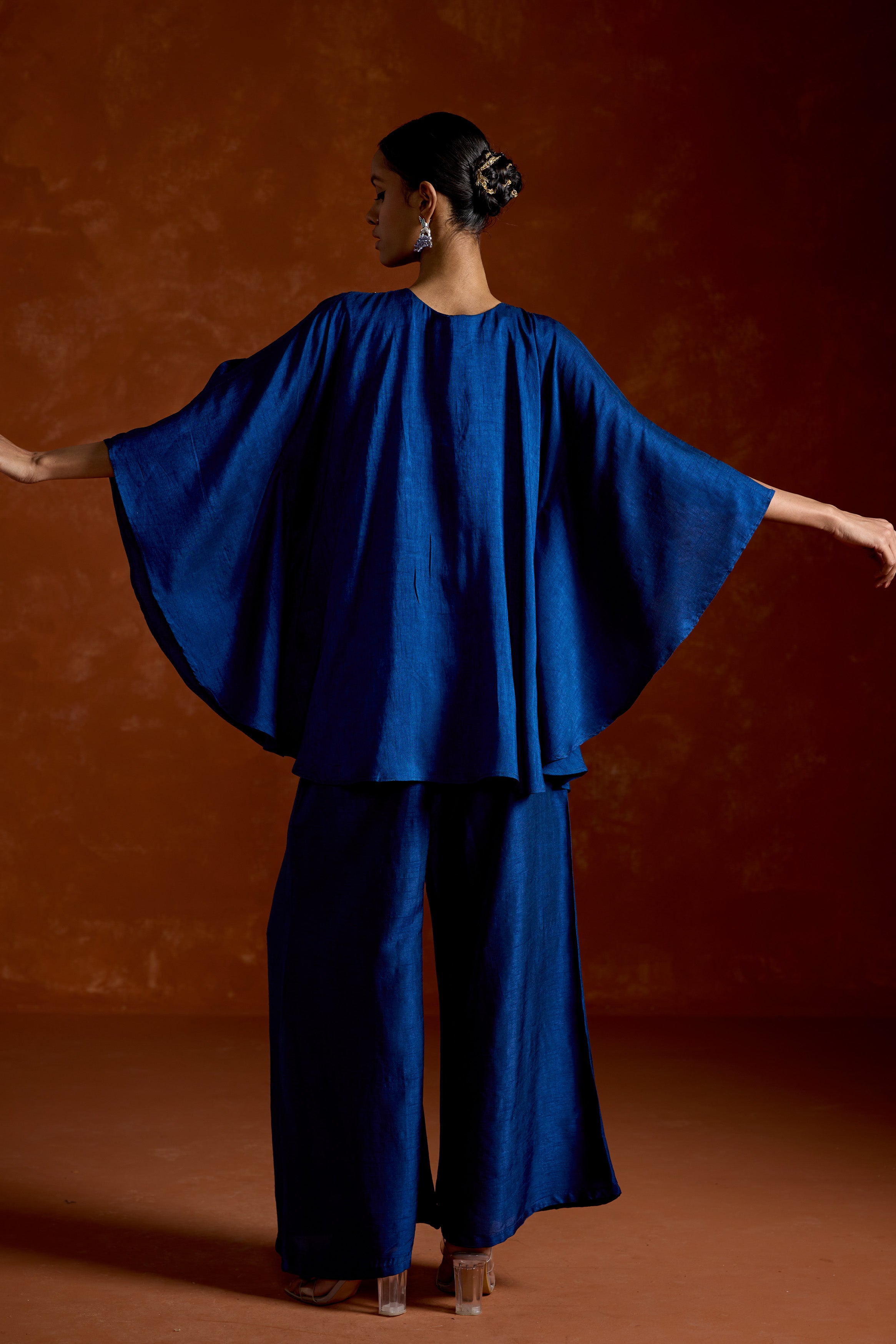 Deep Blue Embellished Raw Silk Kaftan Set