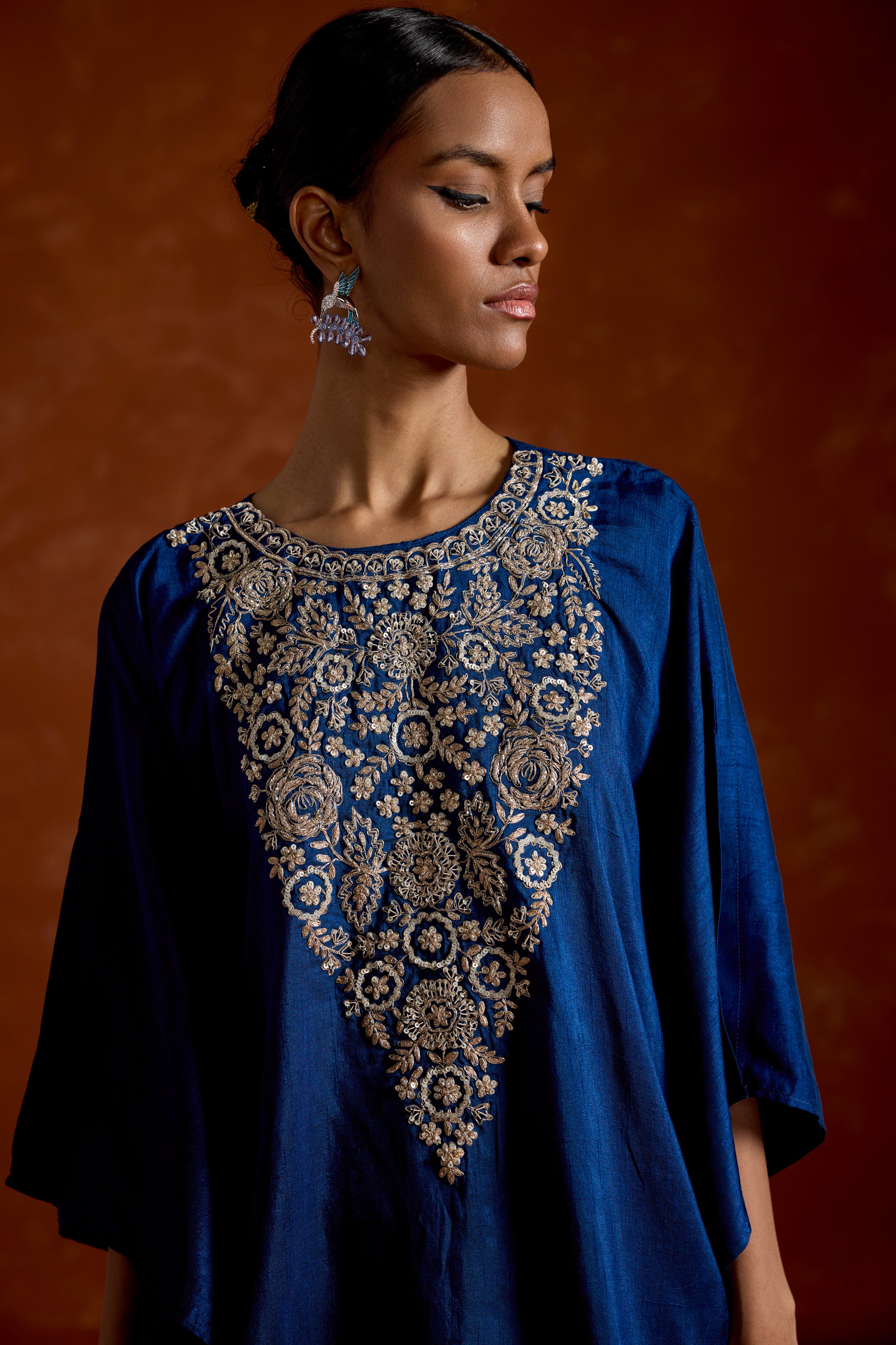 Deep Blue Embellished Raw Silk Kaftan Set