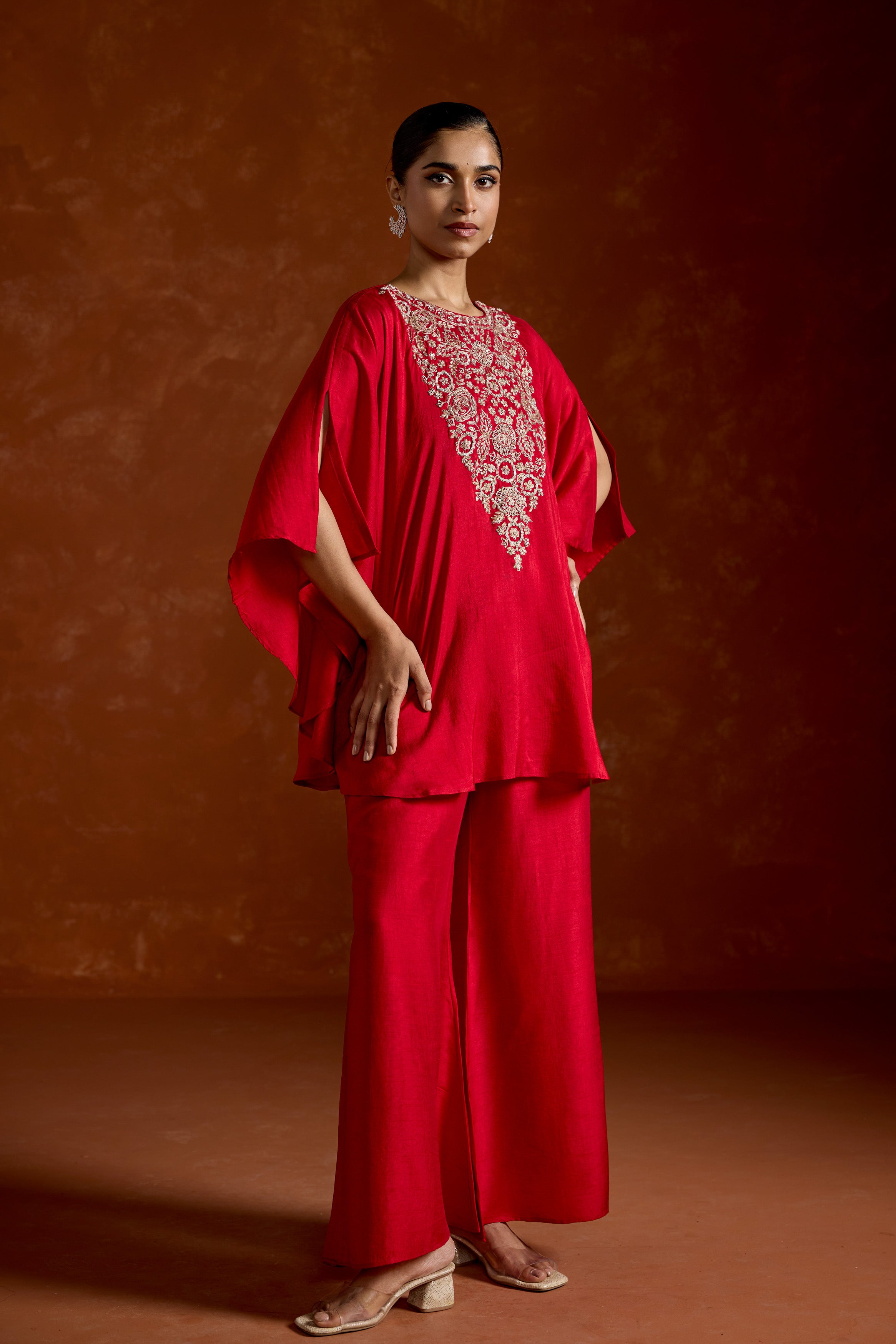 Red Embellished Raw Silk Kaftan Set