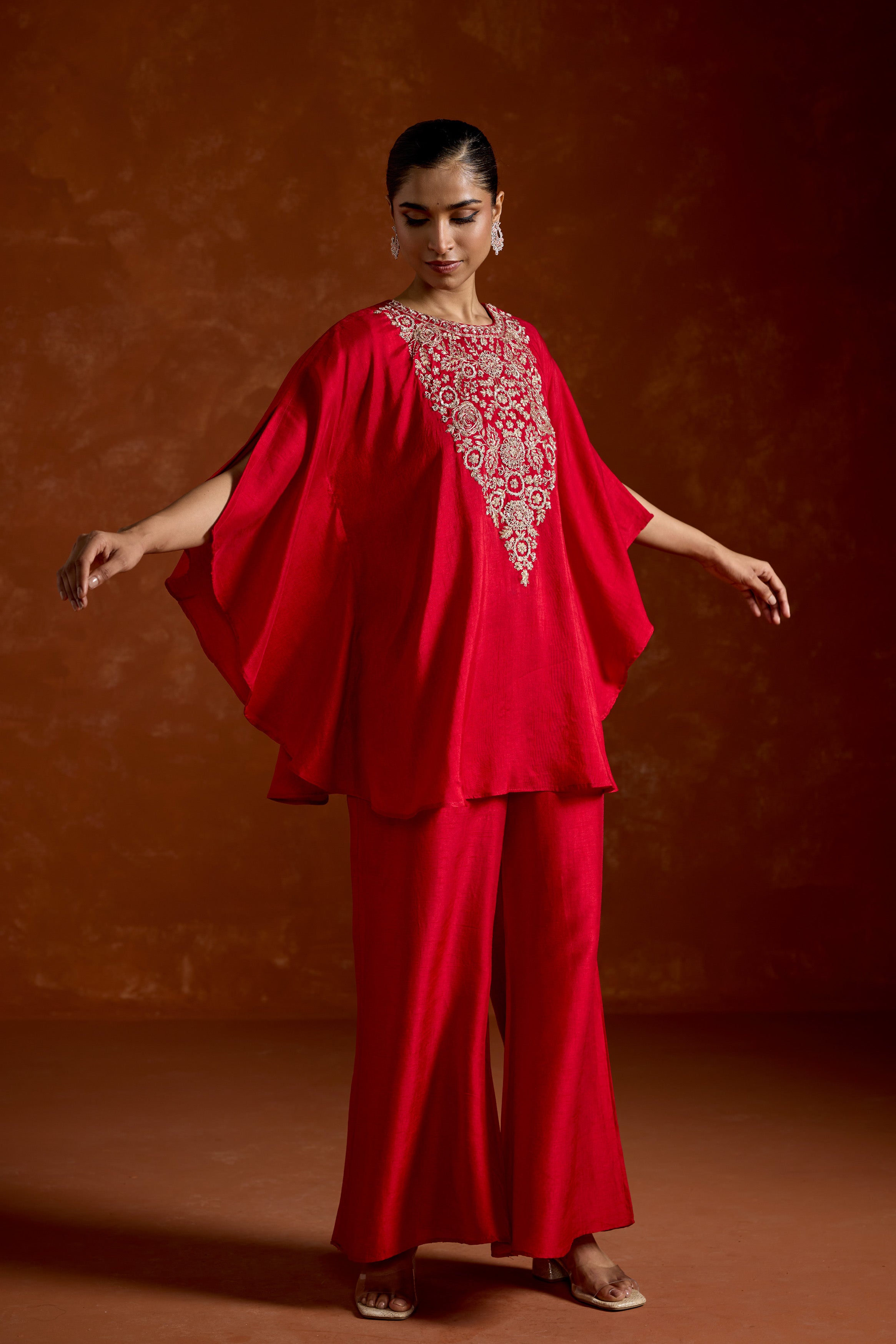 Red Embellished Raw Silk Kaftan Set
