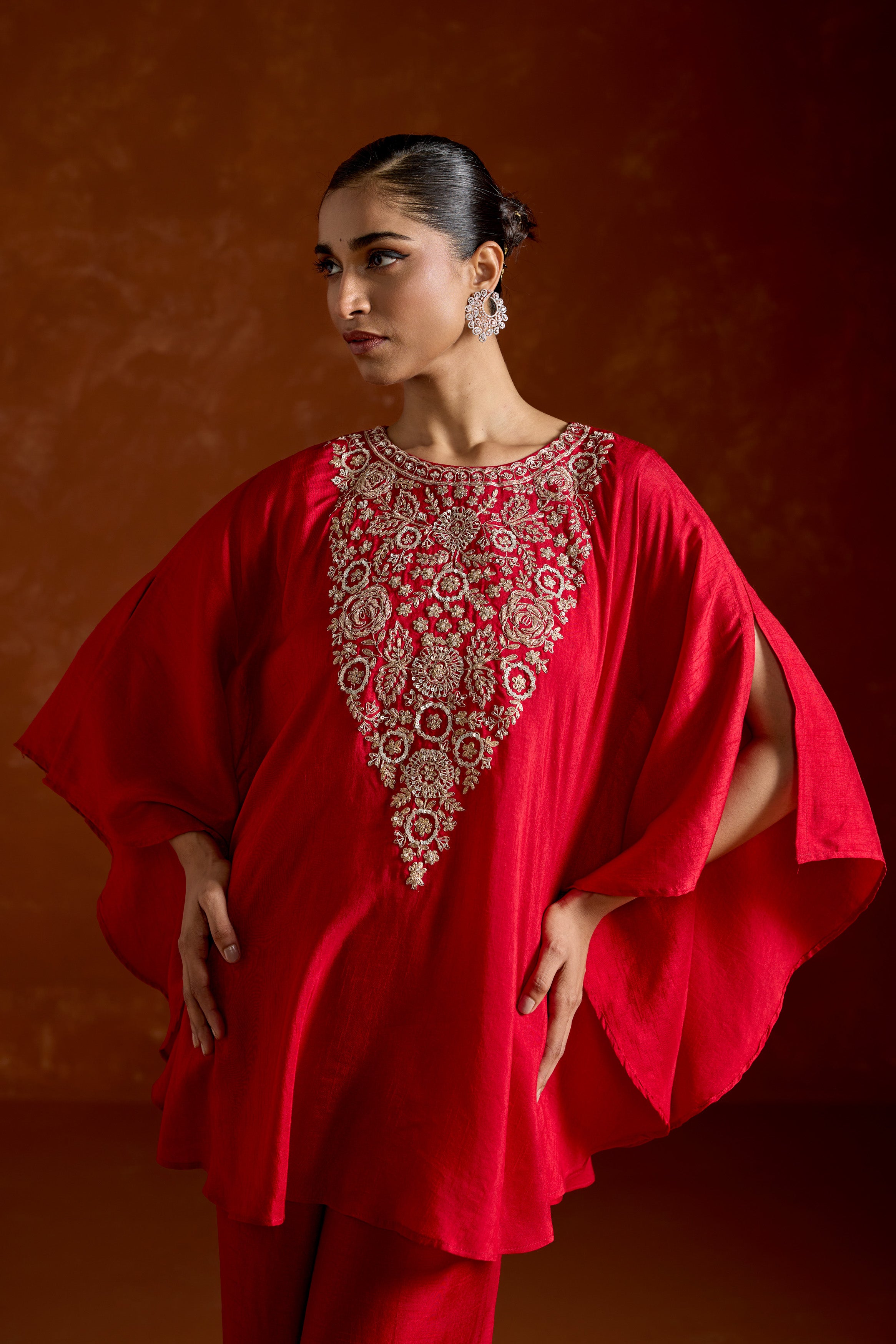 Red Embellished Raw Silk Kaftan Set
