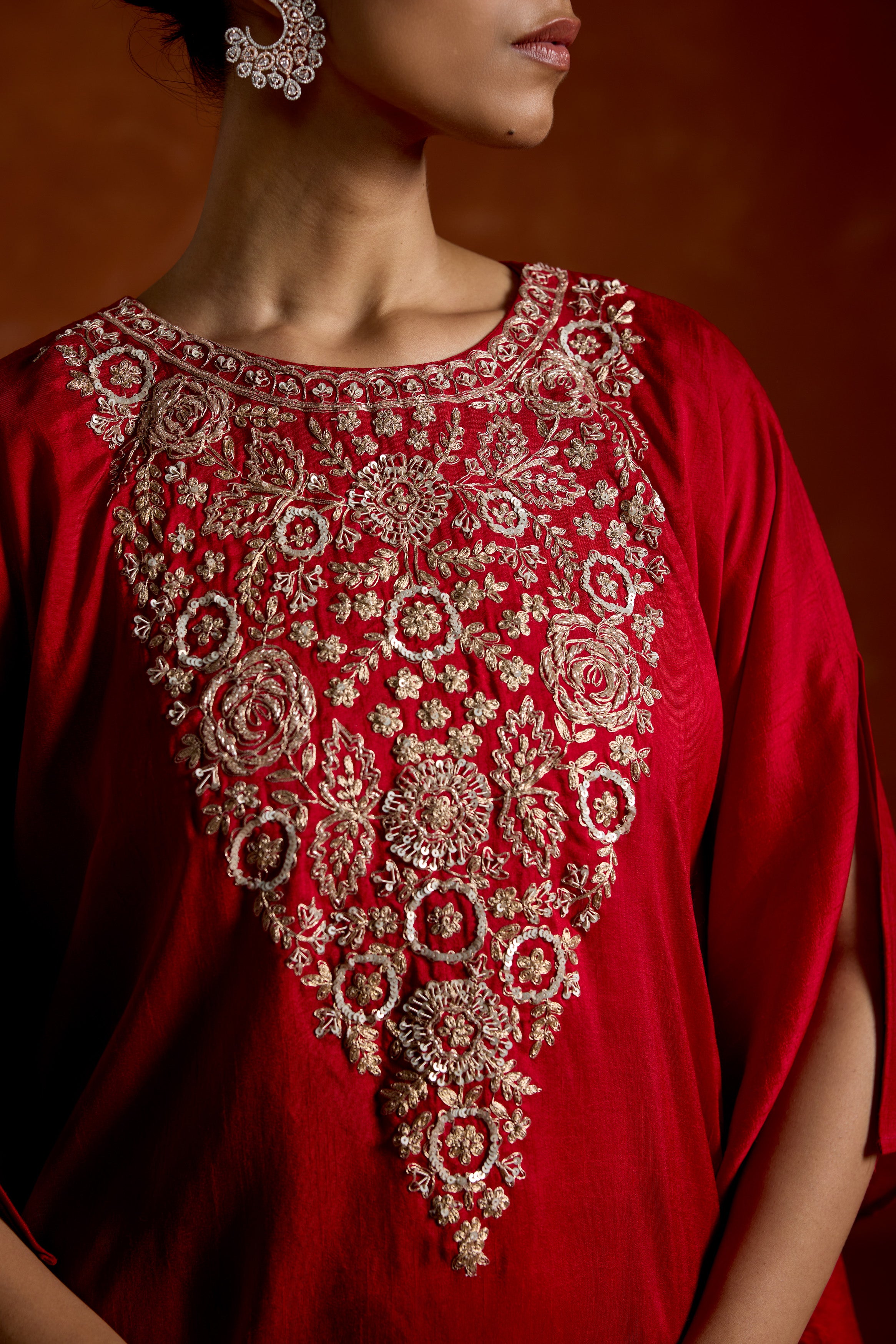 Red Embellished Raw Silk Kaftan Set