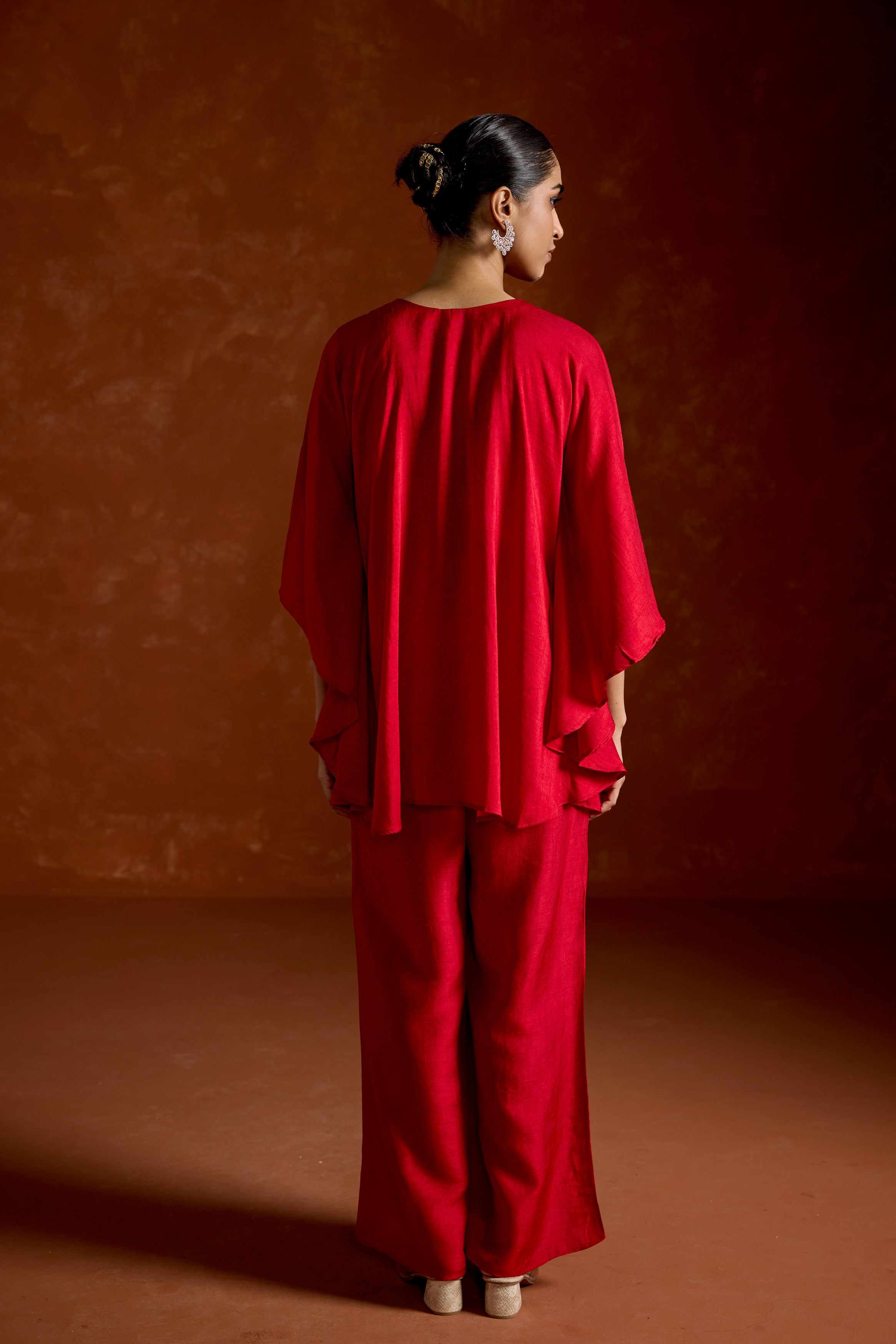 Red Embellished Raw Silk Kaftan Set