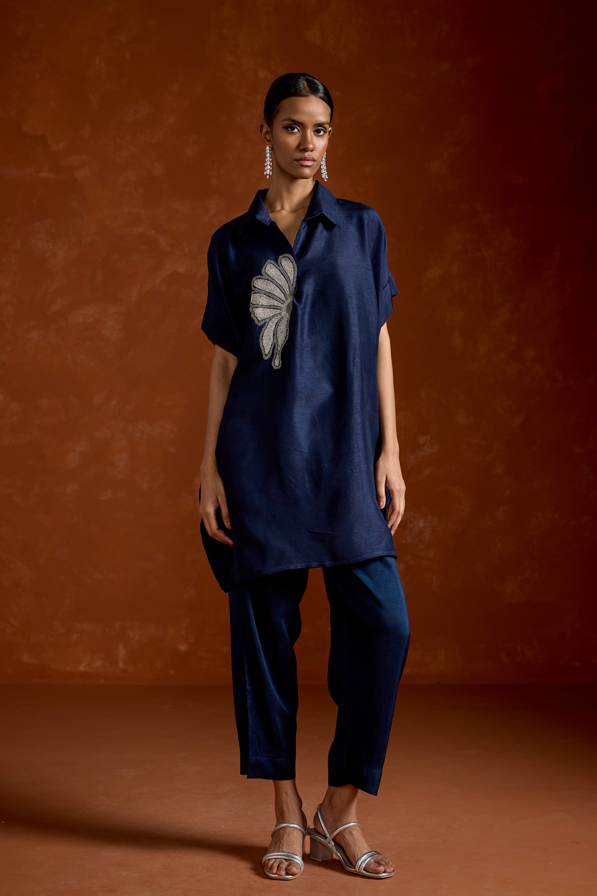 Dark Blue Embellished Raw Silk Kaftan Set
