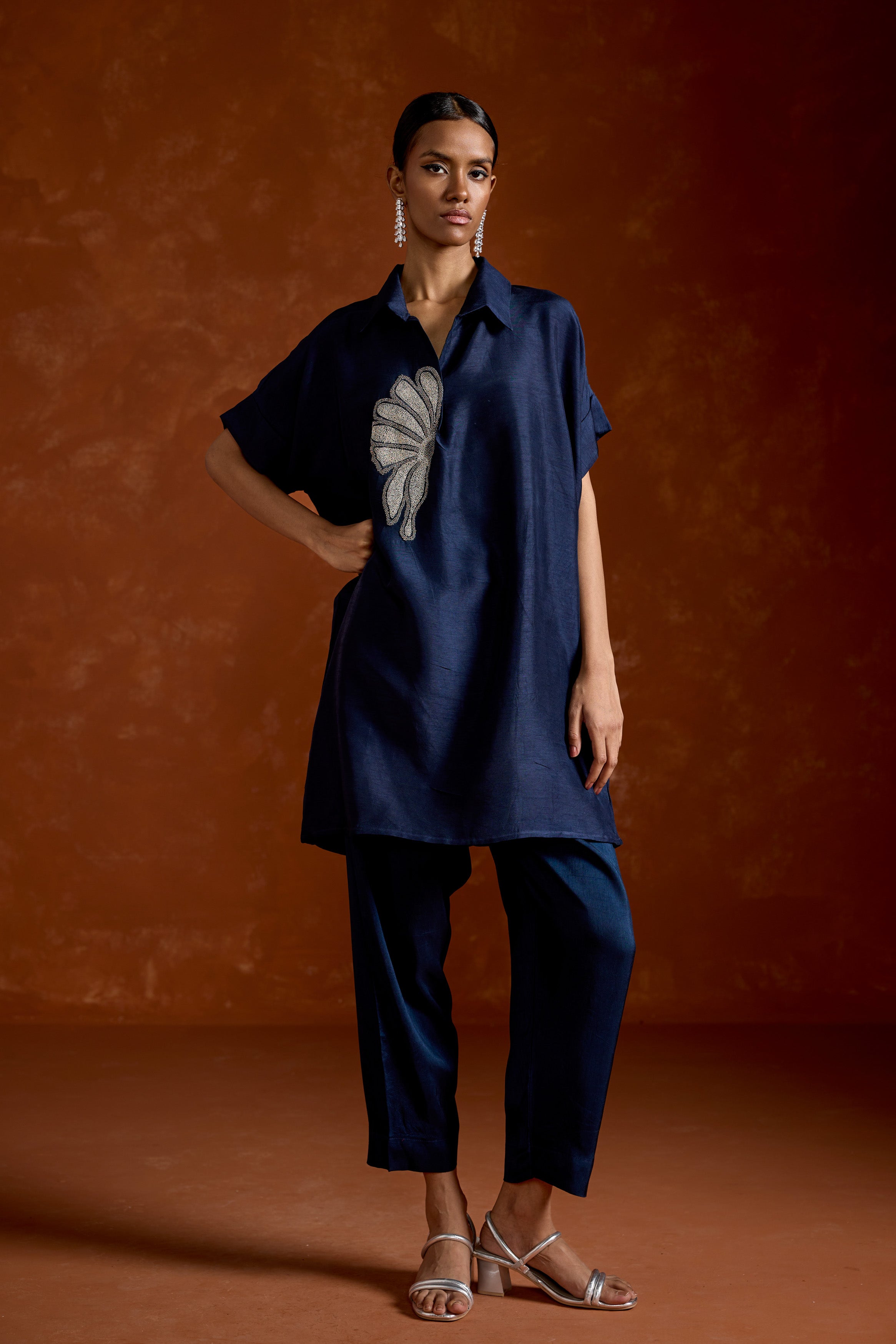 Dark Blue Embellished Raw Silk Kaftan Set