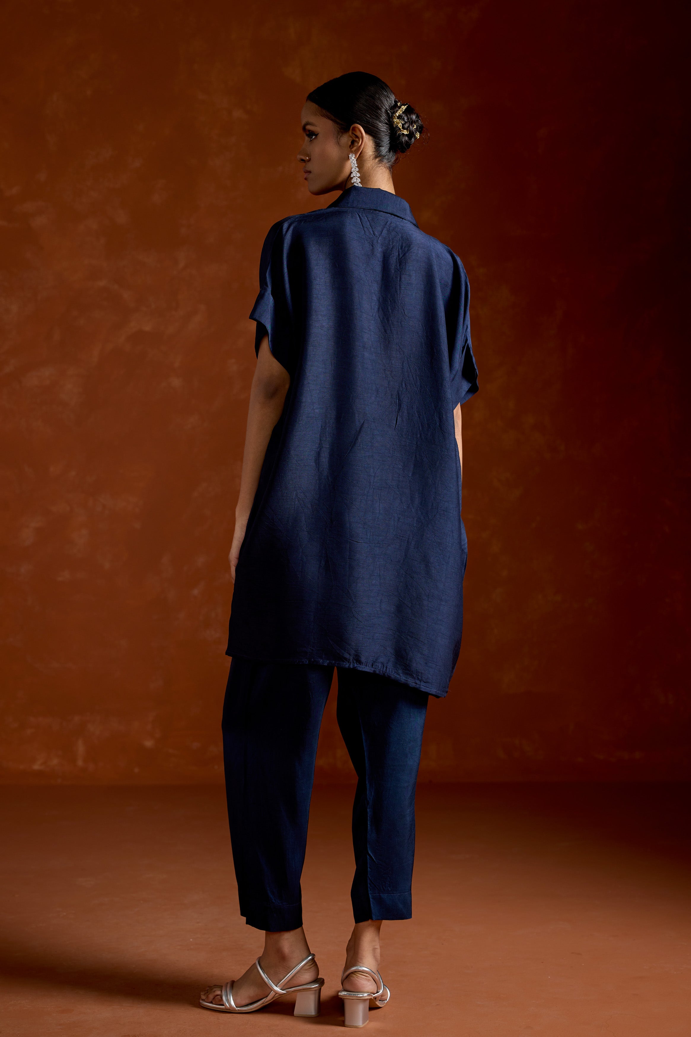 Dark Blue Embellished Raw Silk Kaftan Set