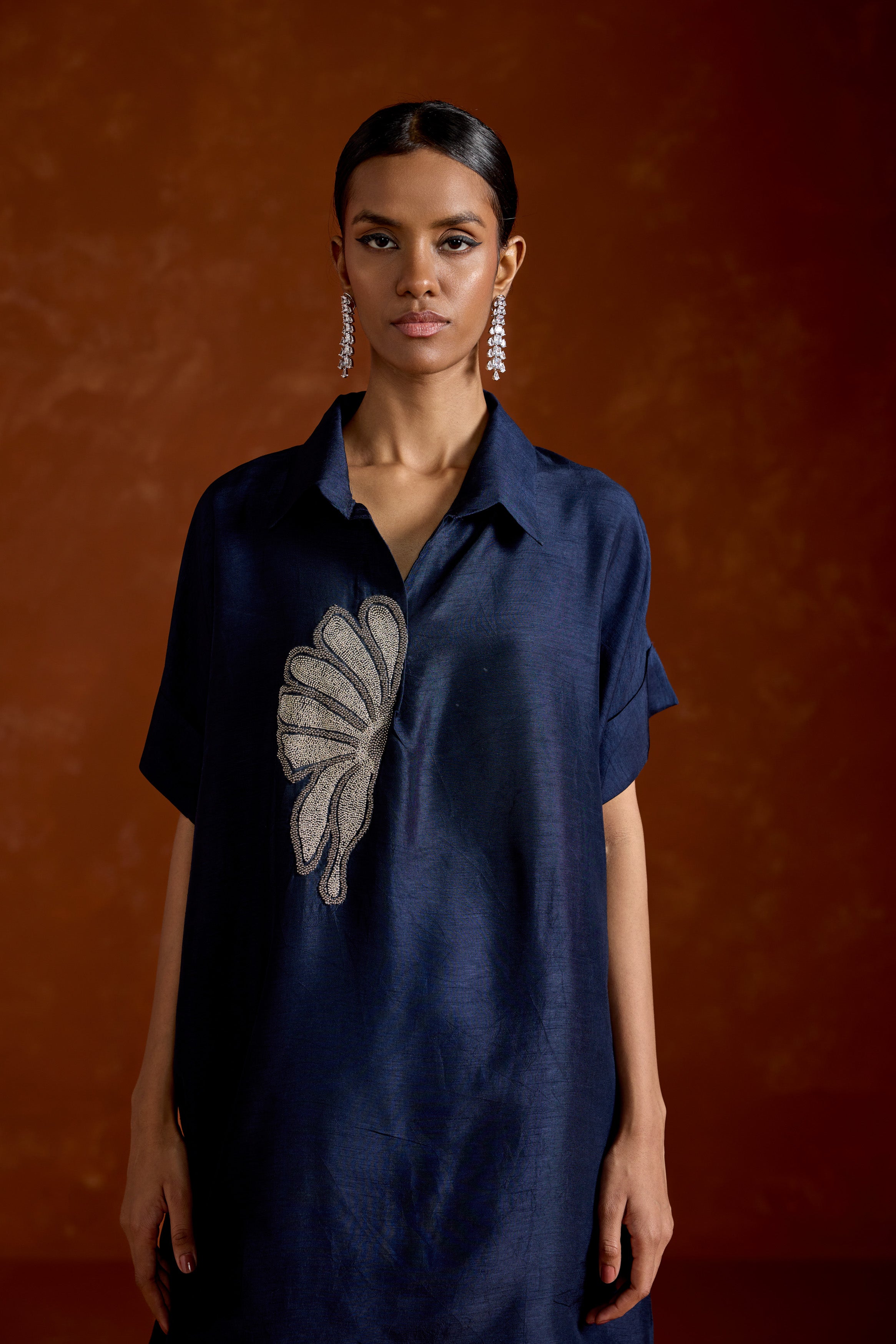 Dark Blue Embellished Raw Silk Kaftan Set