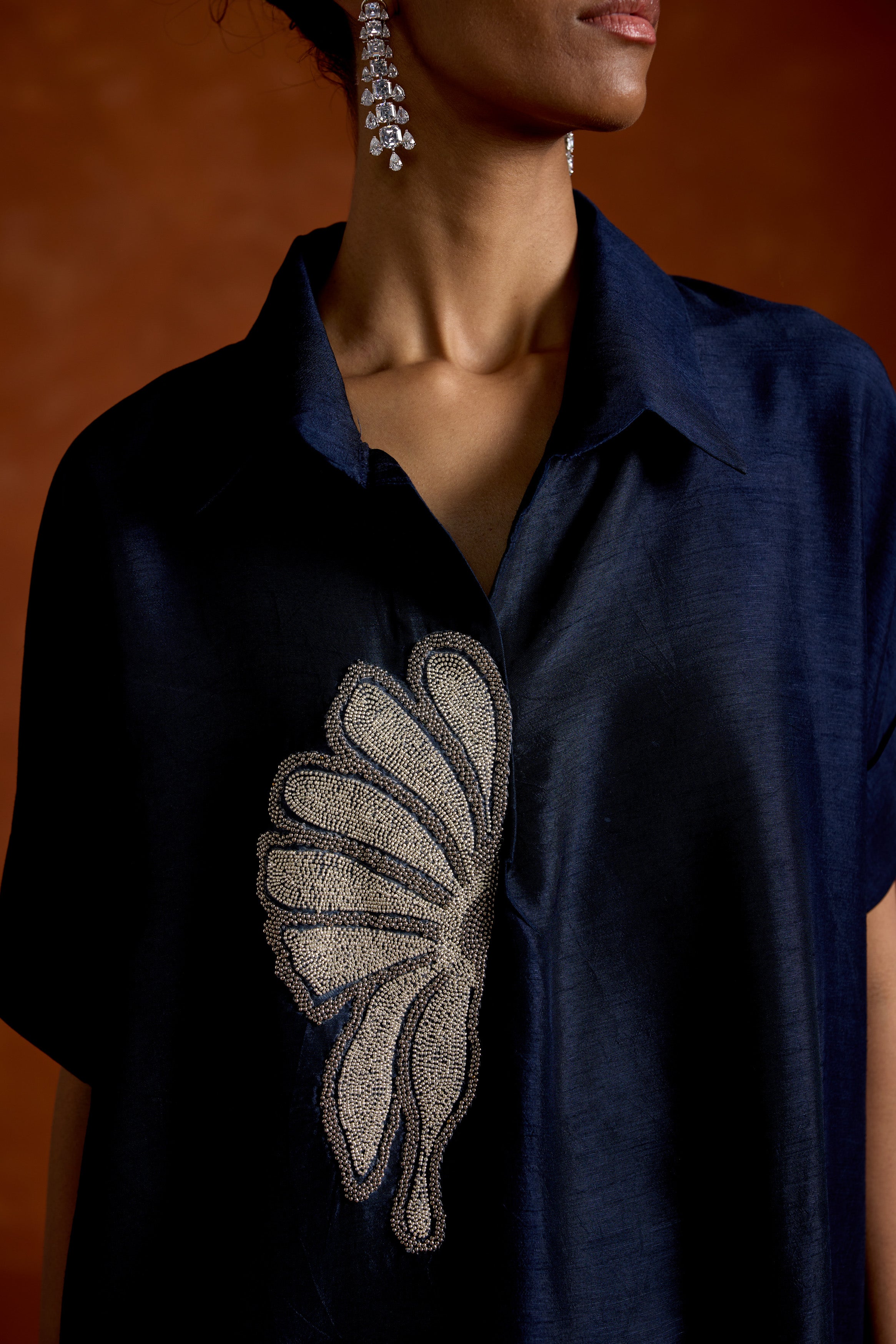 Dark Blue Embellished Raw Silk Kaftan Set