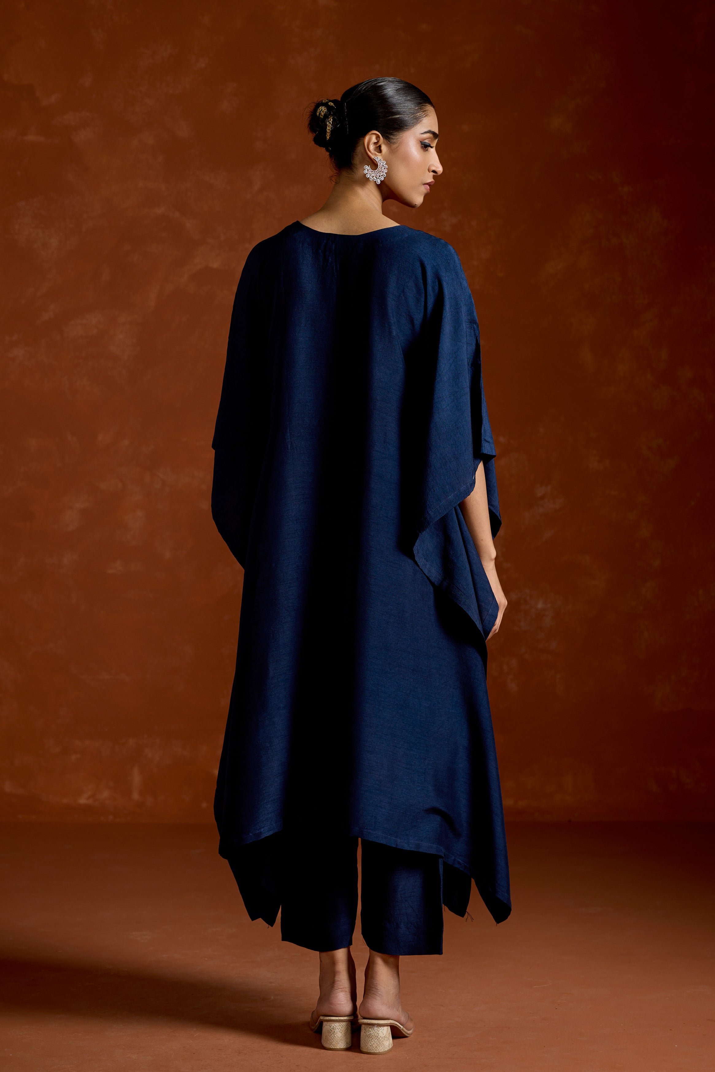 Navy Blue Embellished Raw Silk Kaftan Set