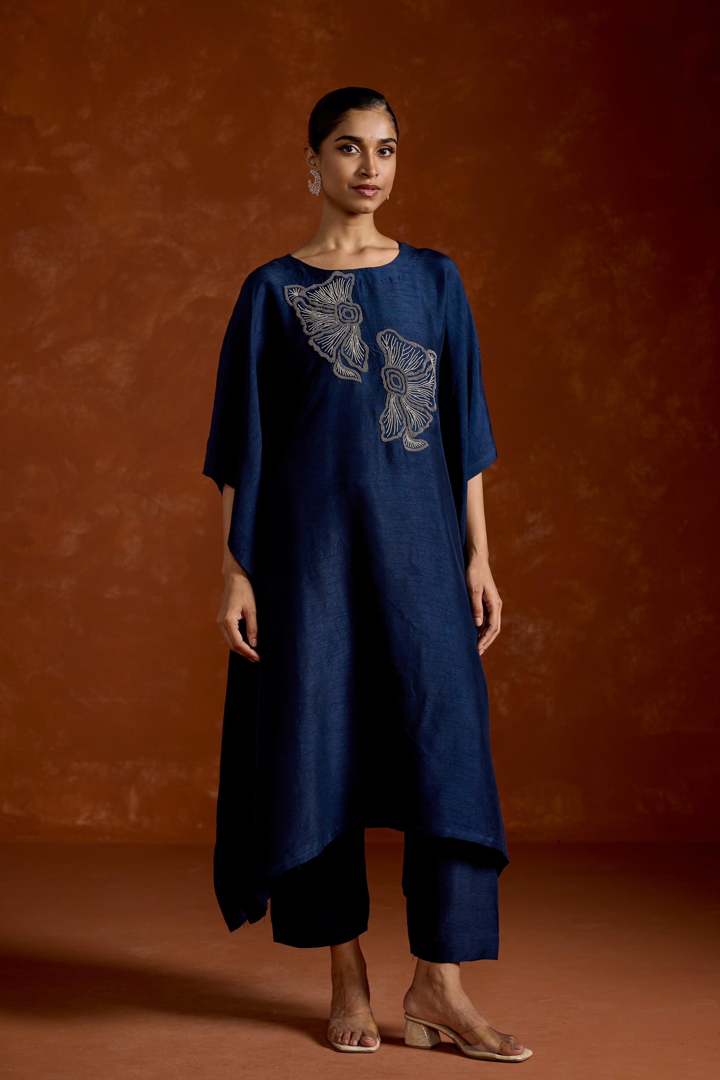Navy Blue Embellished Raw Silk Kaftan Set