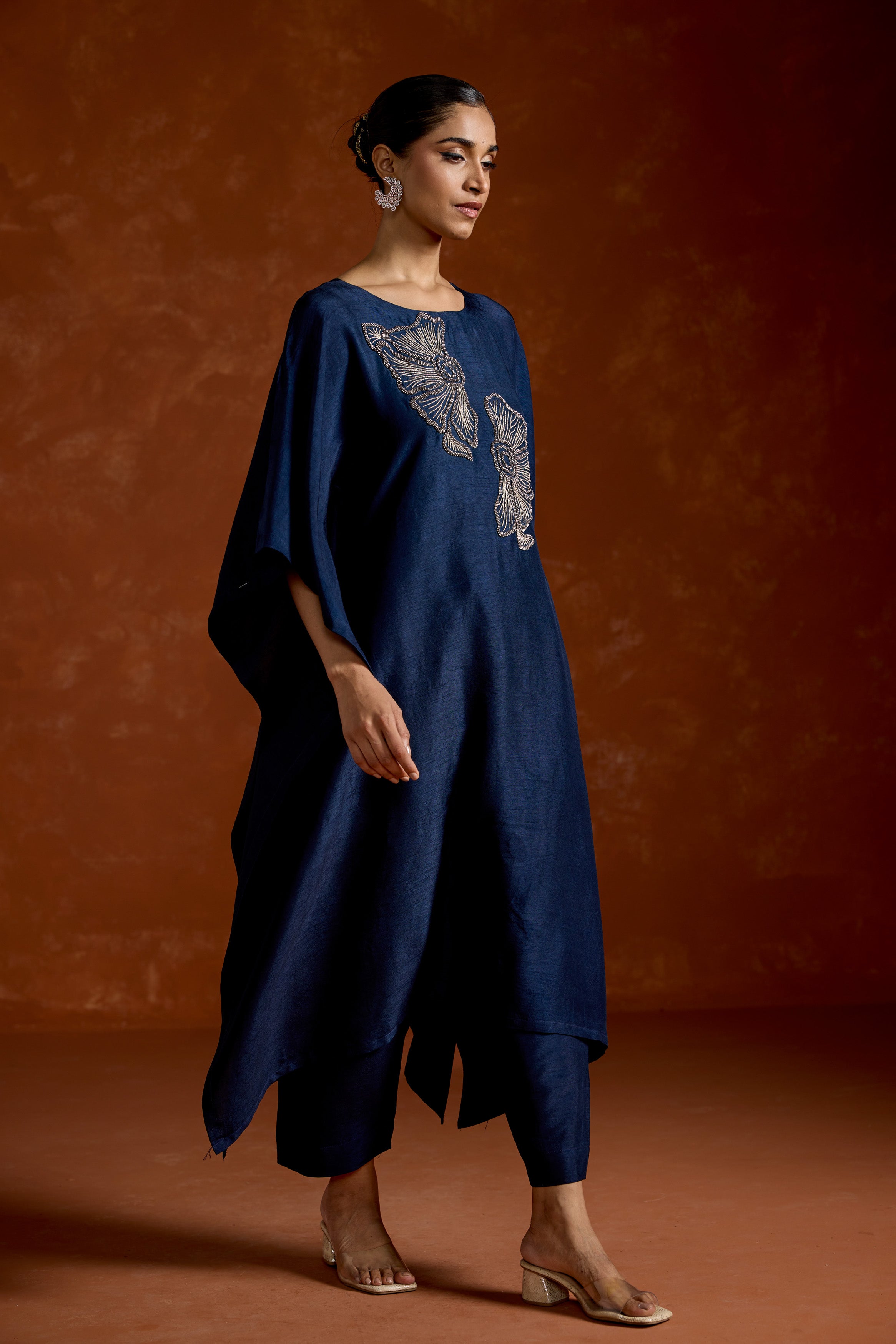 Navy Blue Embellished Raw Silk Kaftan Set