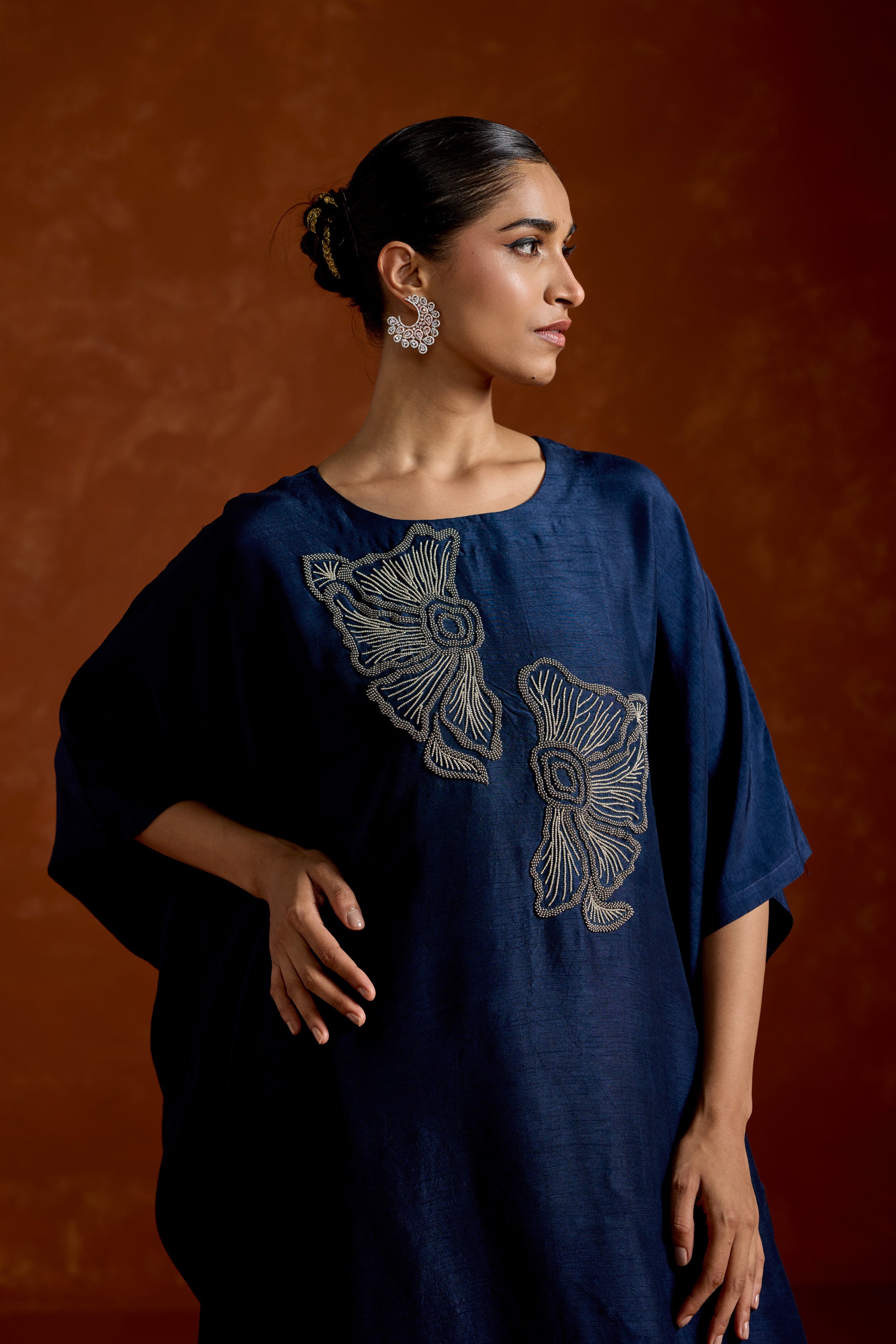 Navy Blue Embellished Raw Silk Kaftan Set