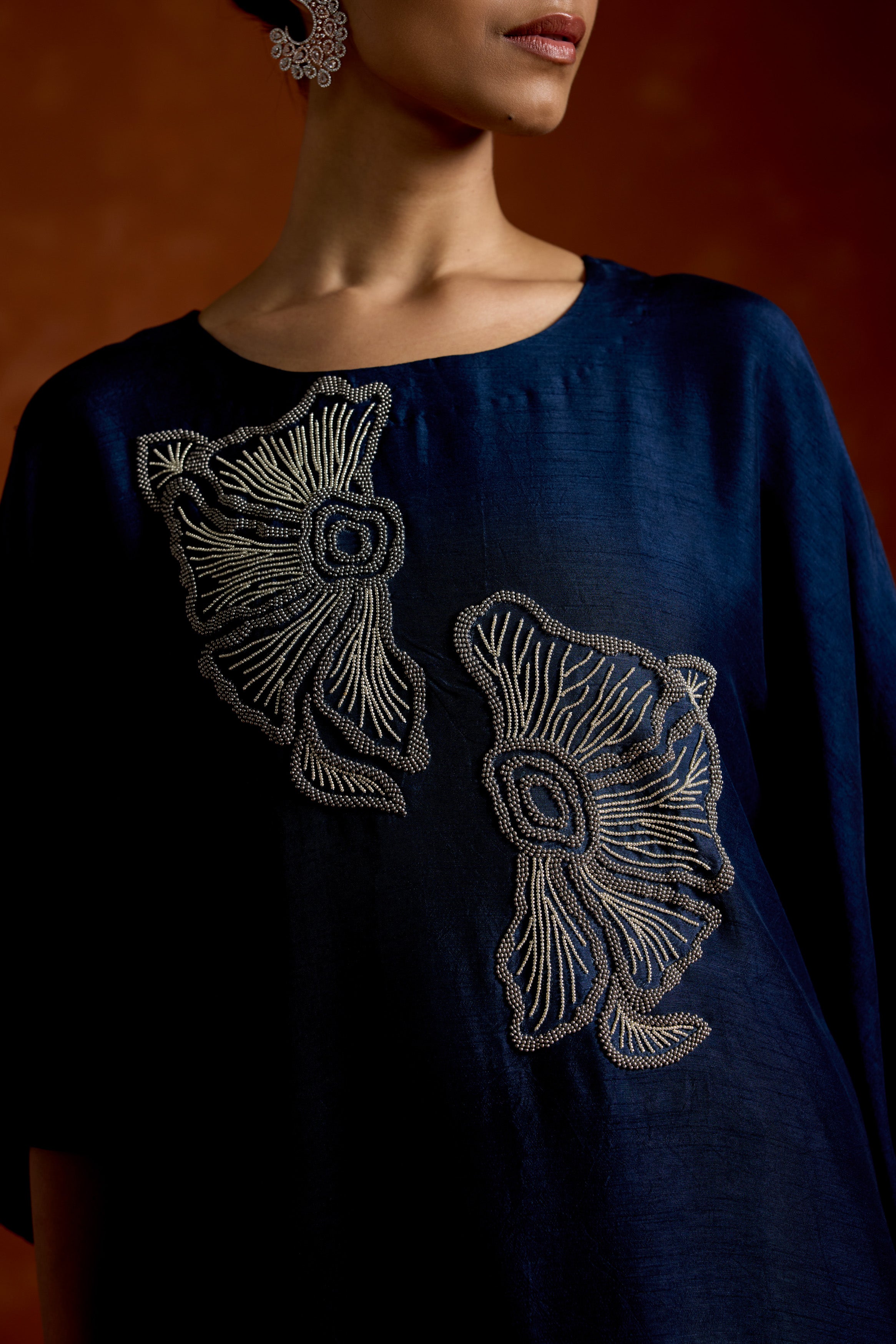 Navy Blue Embellished Raw Silk Kaftan Set