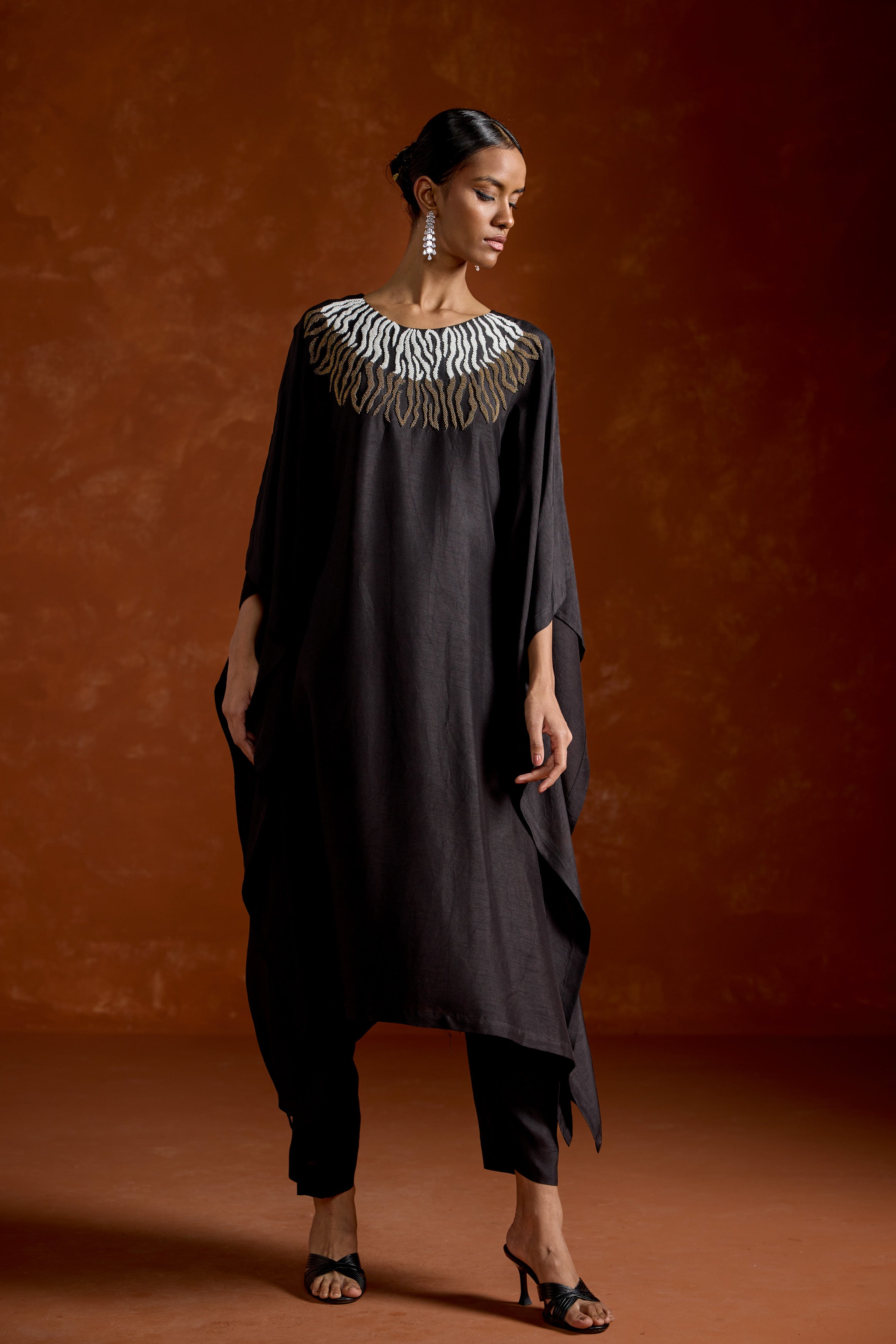 Twilight Black Embellished Raw Silk Kaftan Set