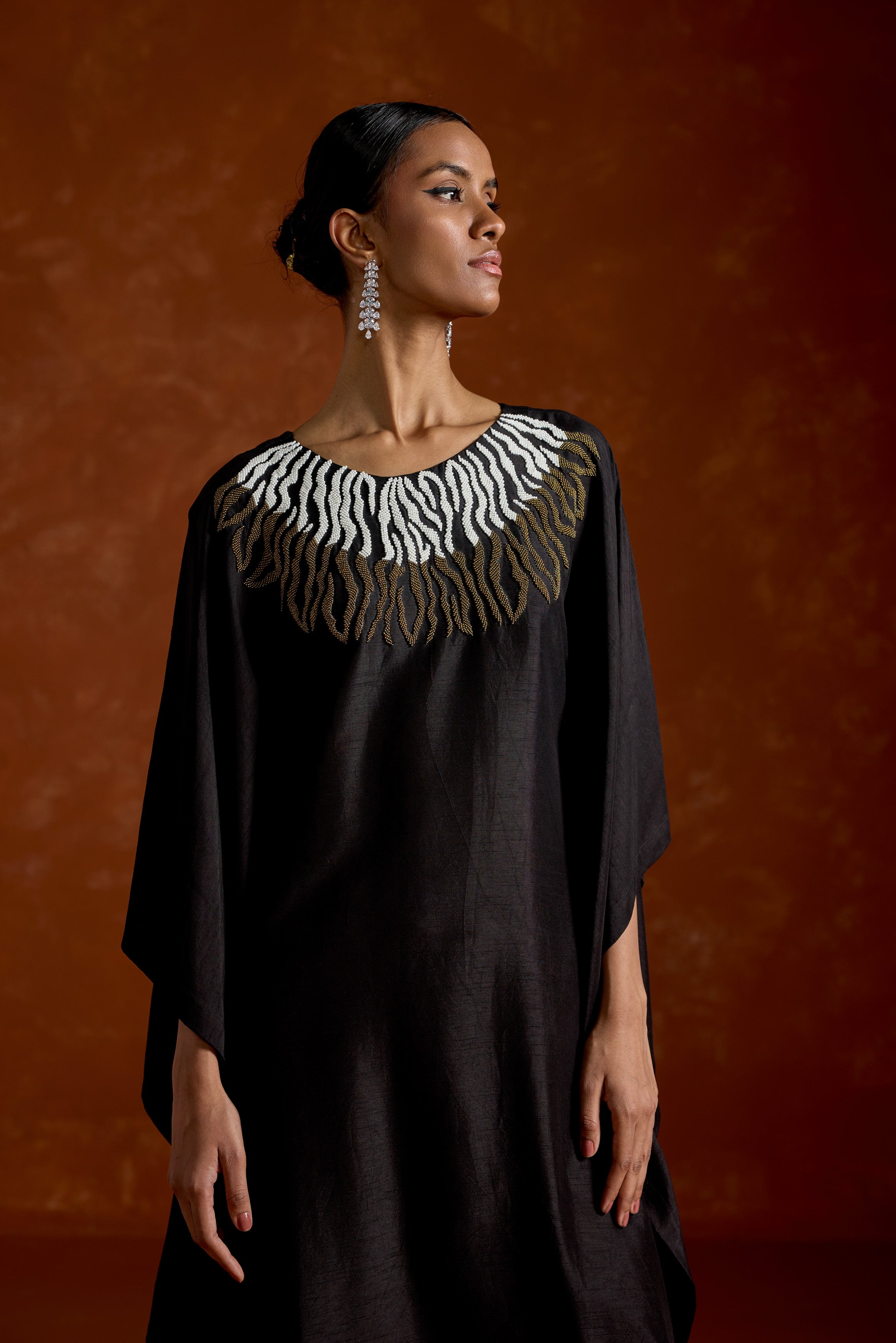 Twilight Black Embellished Raw Silk Kaftan Set