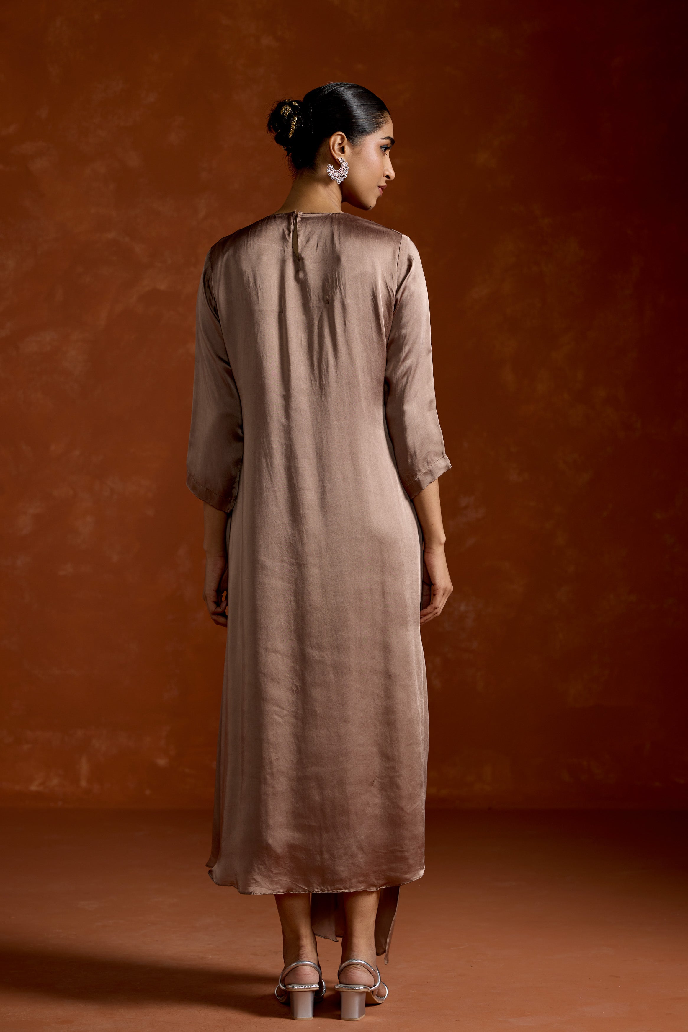 Dusty Almond Embellished Satin Silk Gown