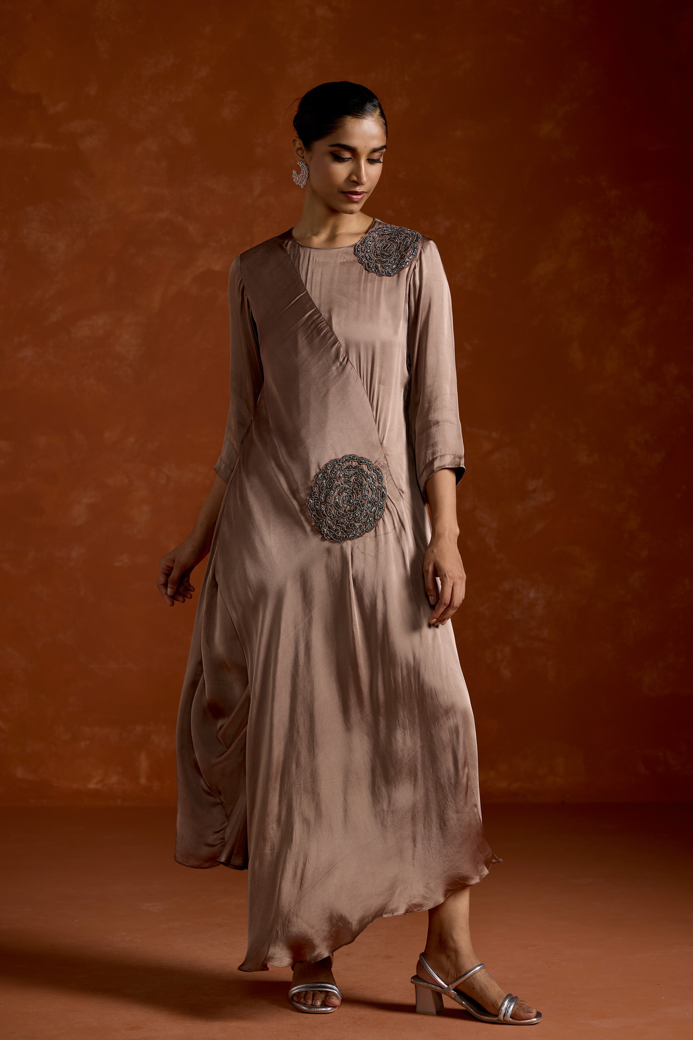 Dusty Almond Embellished Satin Silk Gown