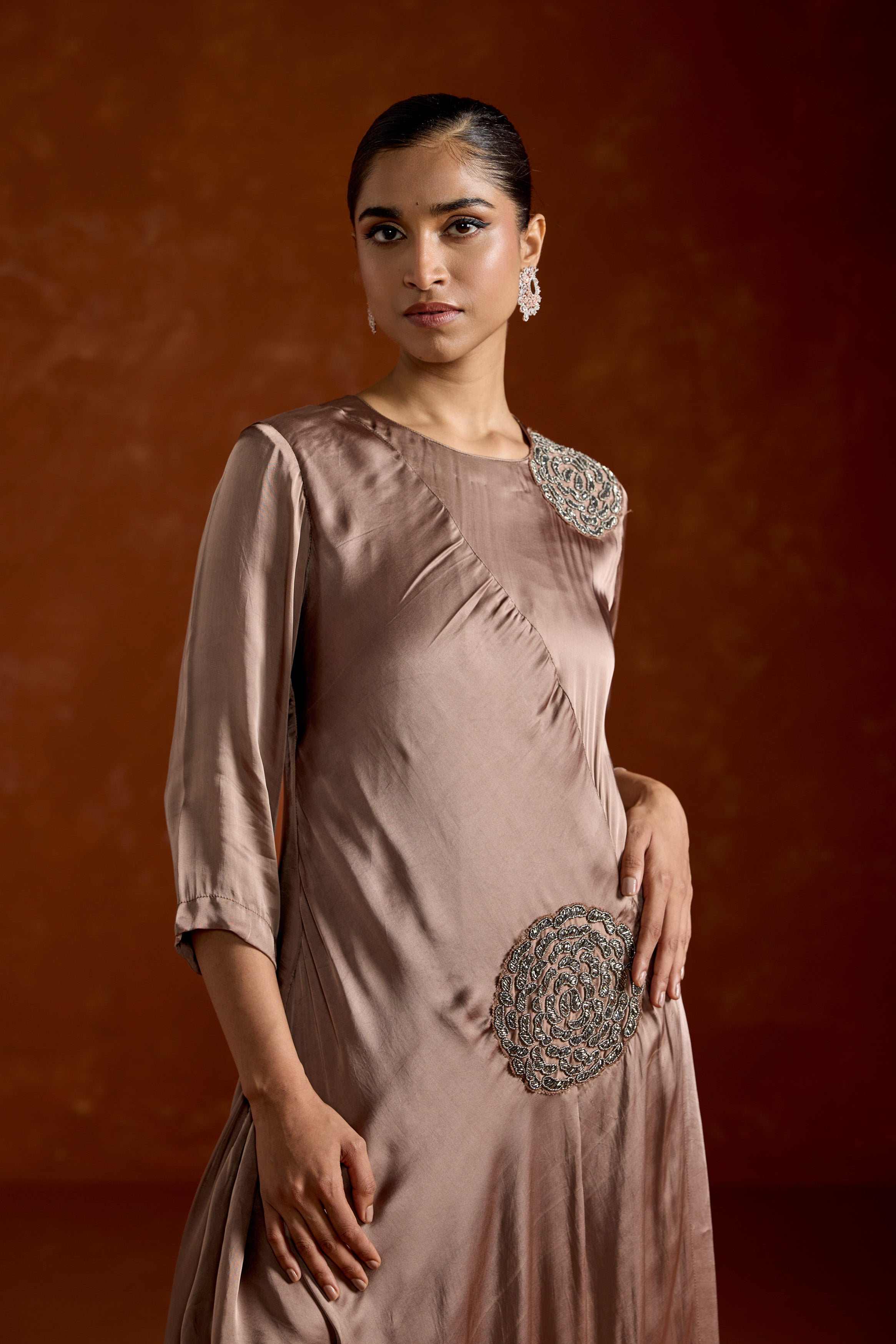 Dusty Almond Embellished Satin Silk Gown