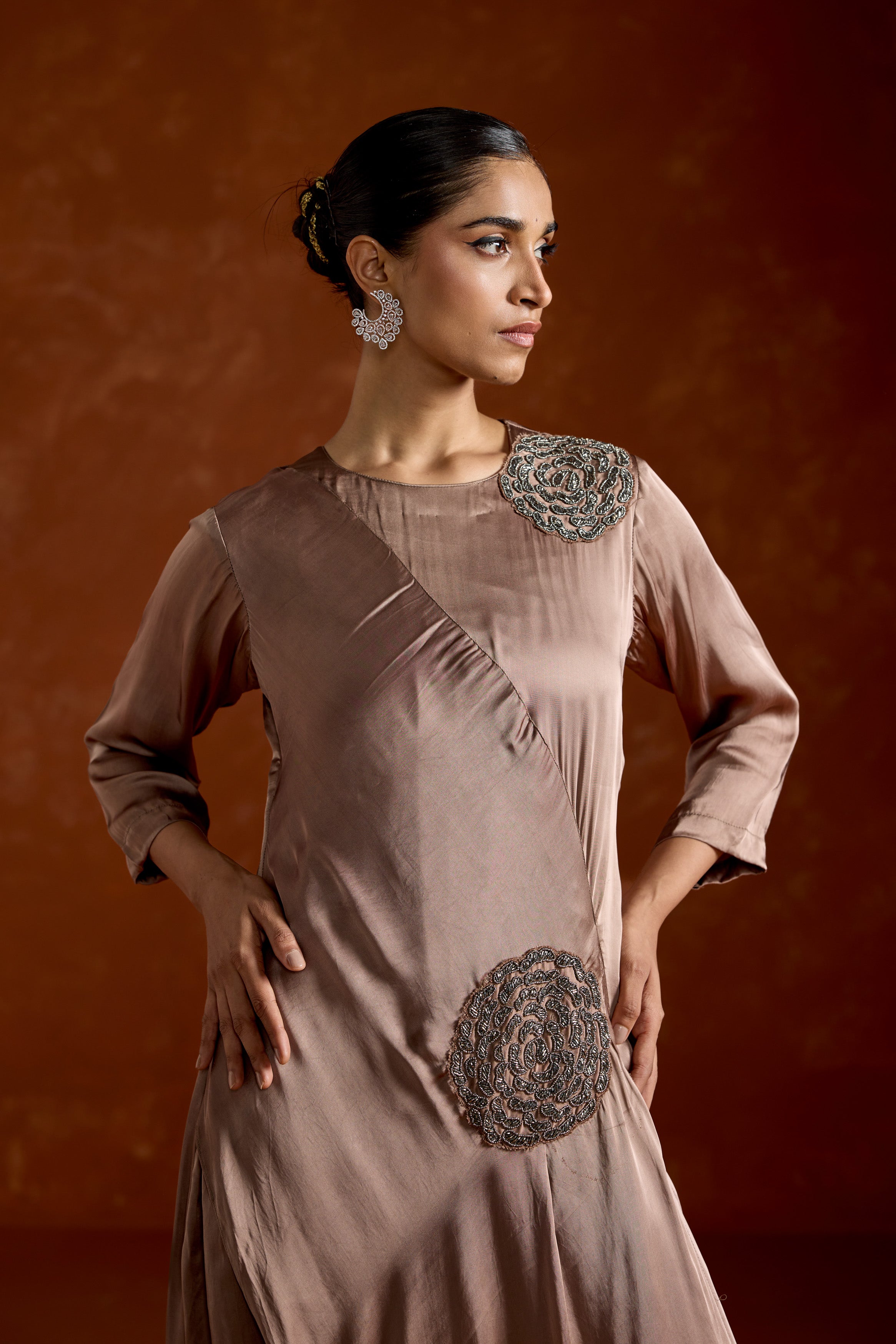 Dusty Almond Embellished Satin Silk Gown