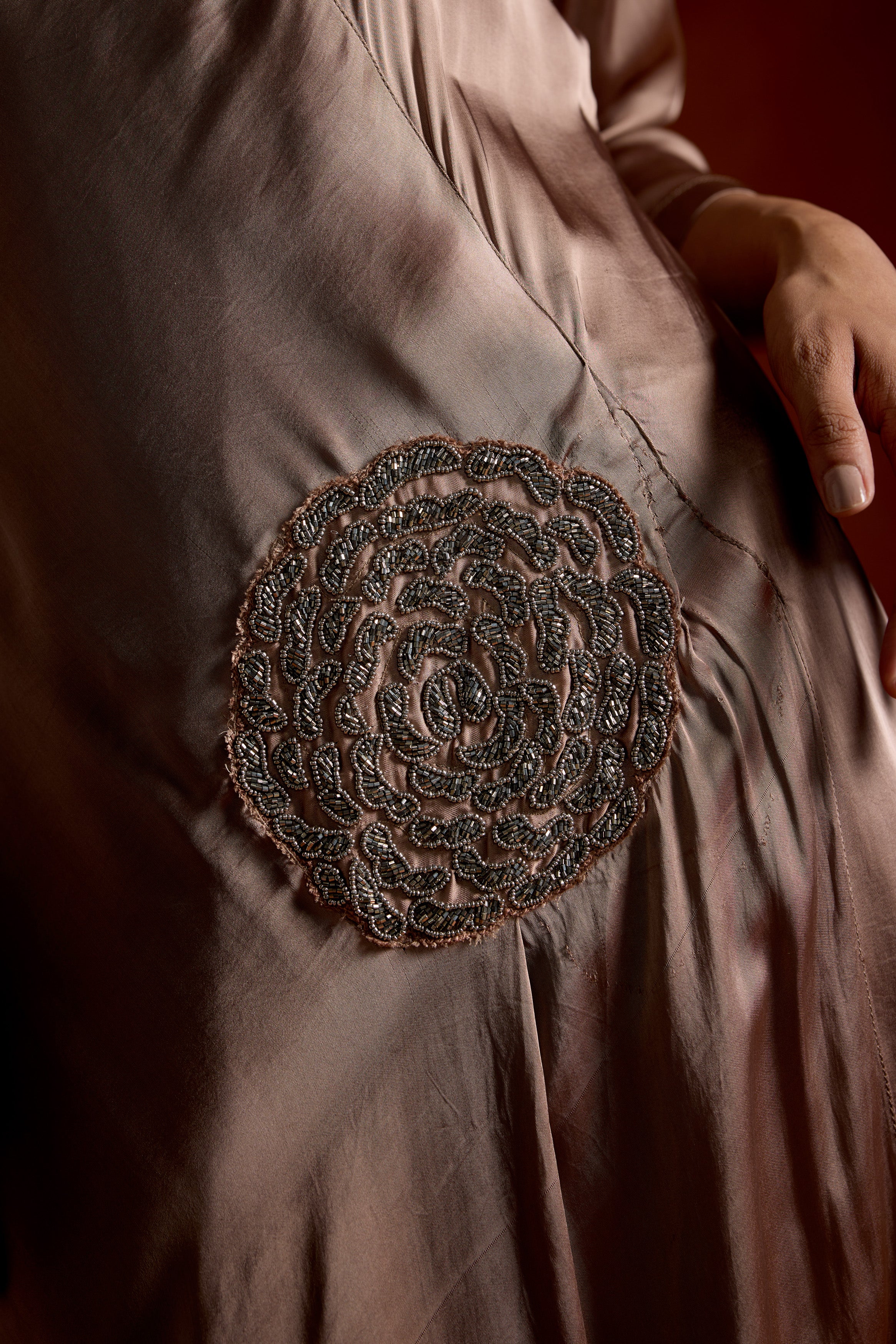 Dusty Almond Embellished Satin Silk Gown