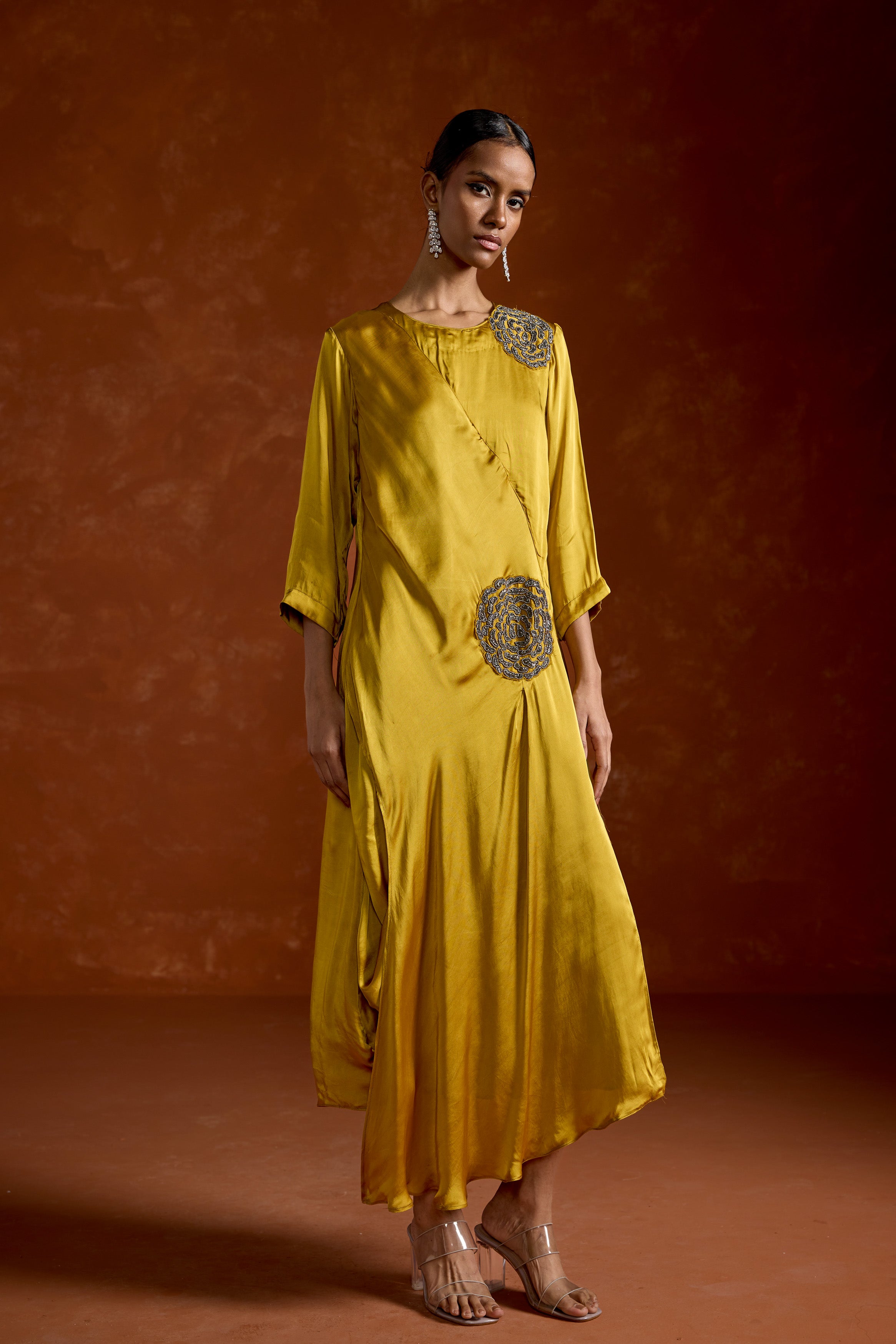 Mustard Yellow Embellished Satin Silk Gown