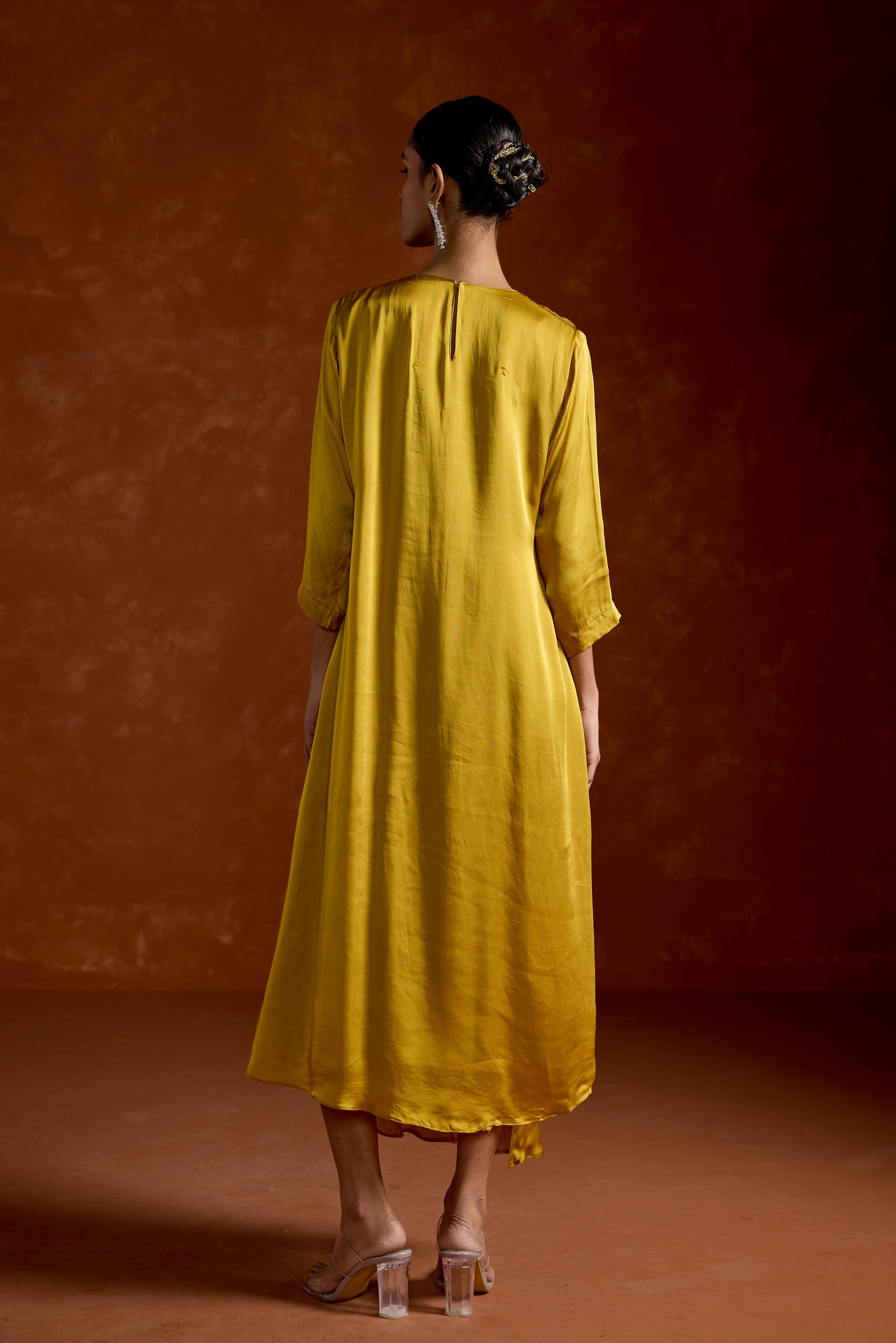 Mustard Yellow Embellished Satin Silk Gown