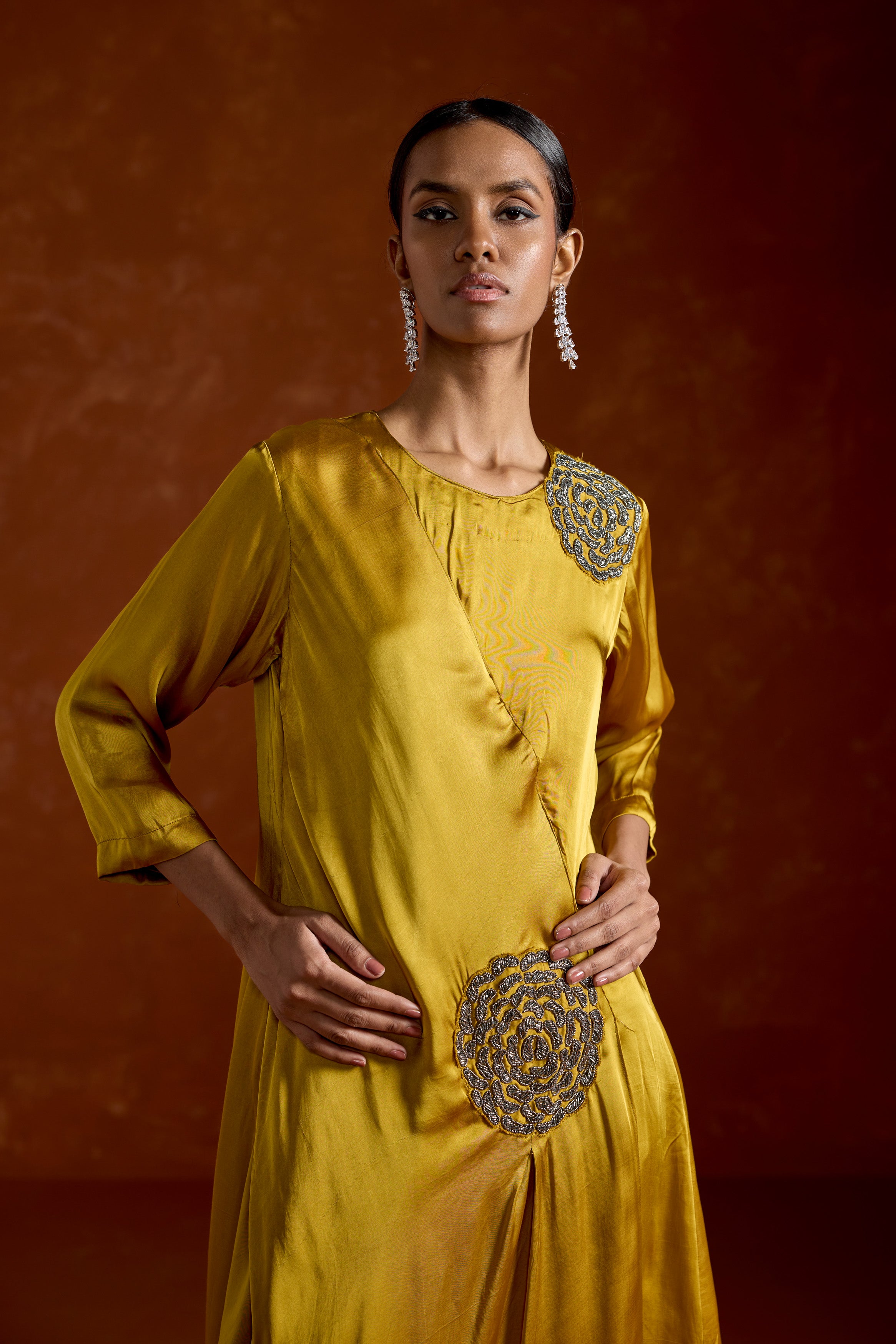 Mustard Yellow Embellished Satin Silk Gown