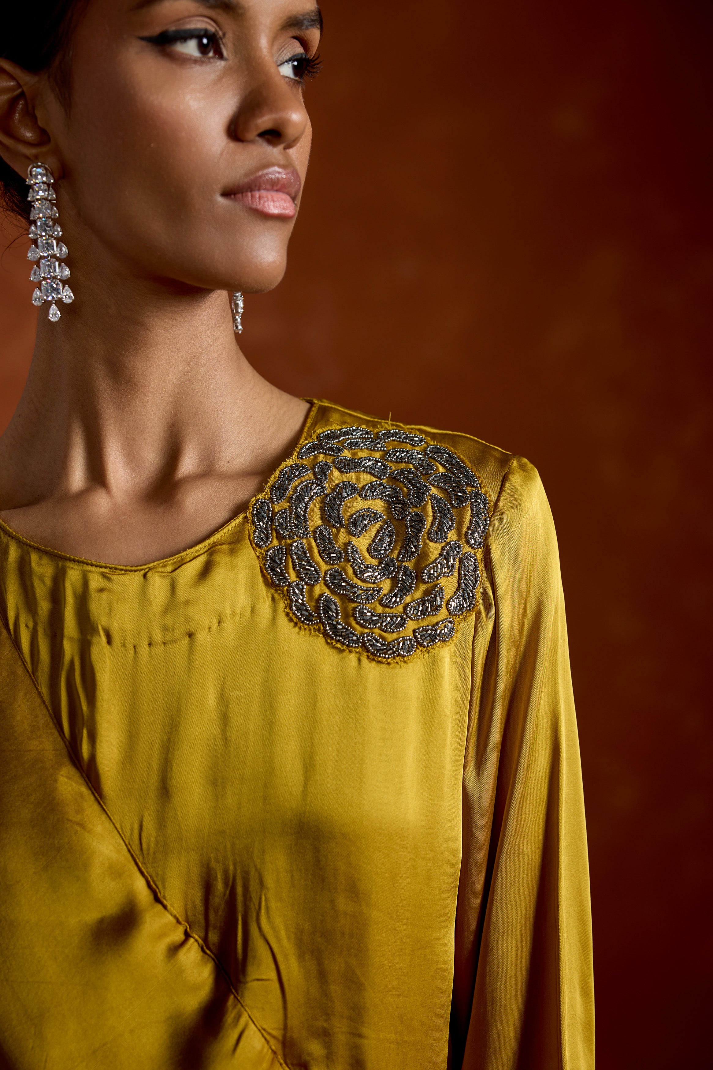 Mustard Yellow Embellished Satin Silk Gown