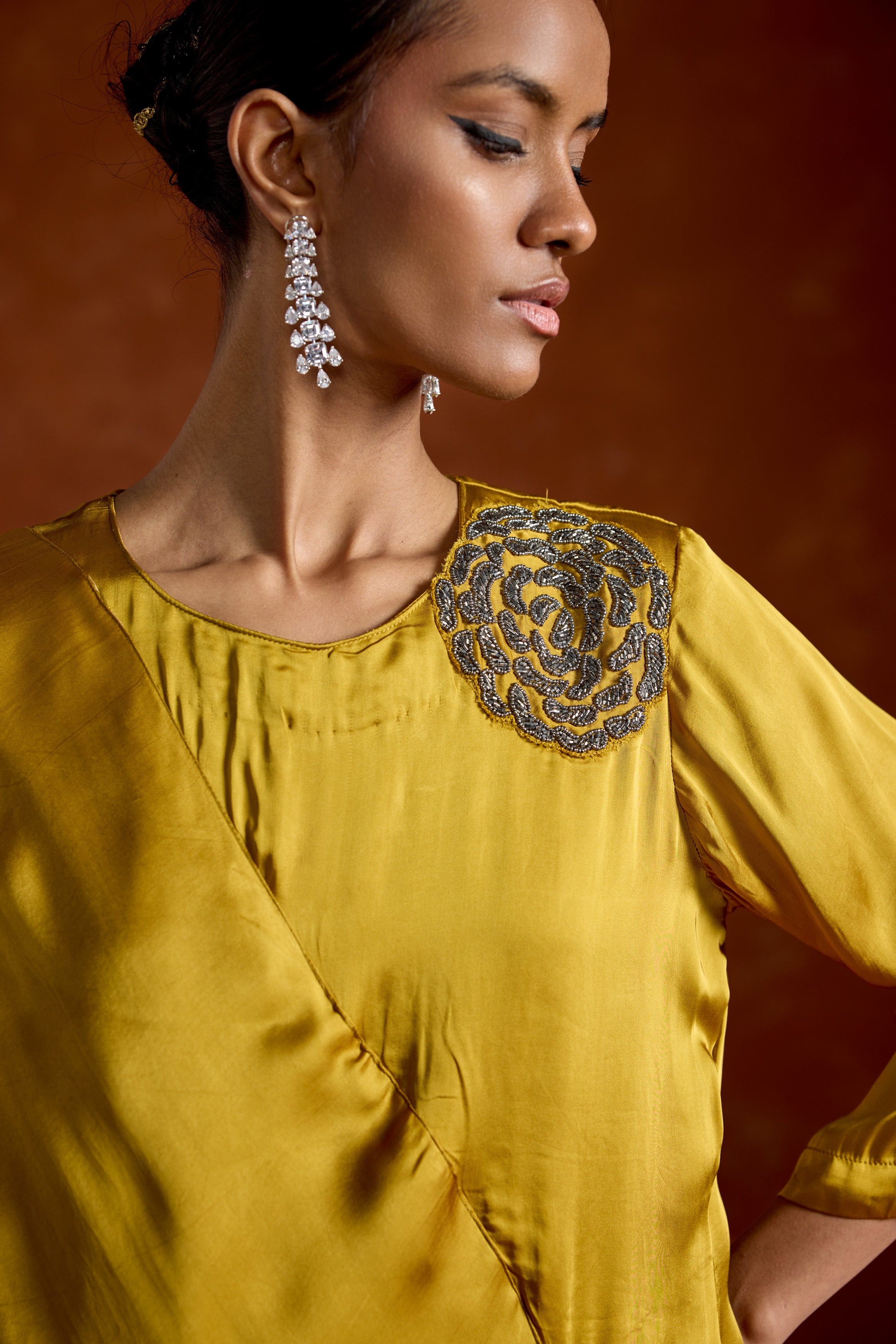 Mustard Yellow Embellished Satin Silk Gown