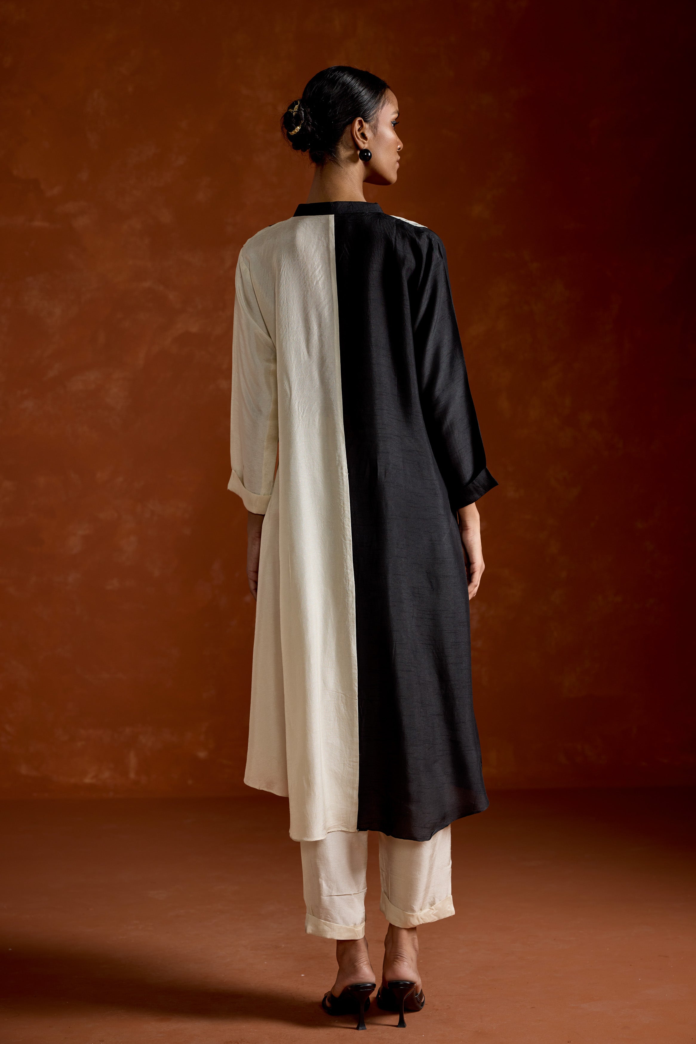 Black & White Embroidered Raw Silk Kurta Set