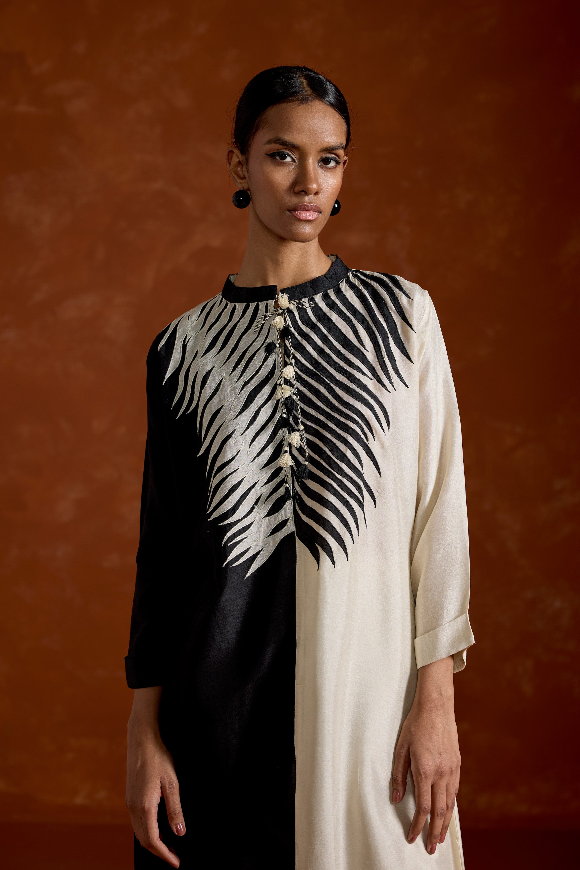 Black & White Embroidered Raw Silk Kurta Set