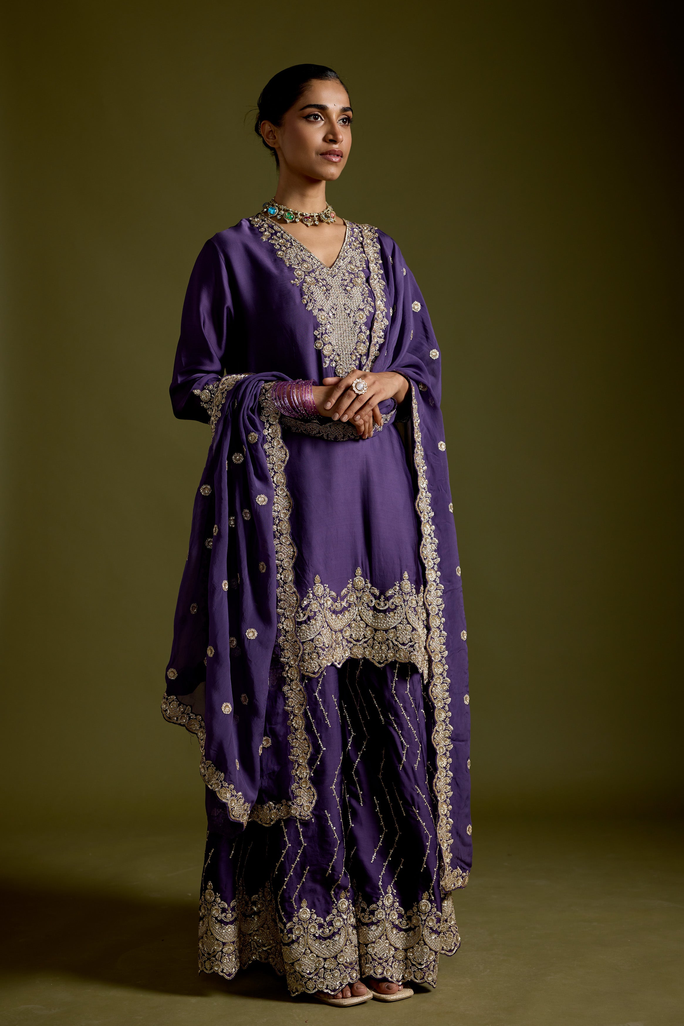 Violet Purple Embellished Satin Silk Palazzo Set