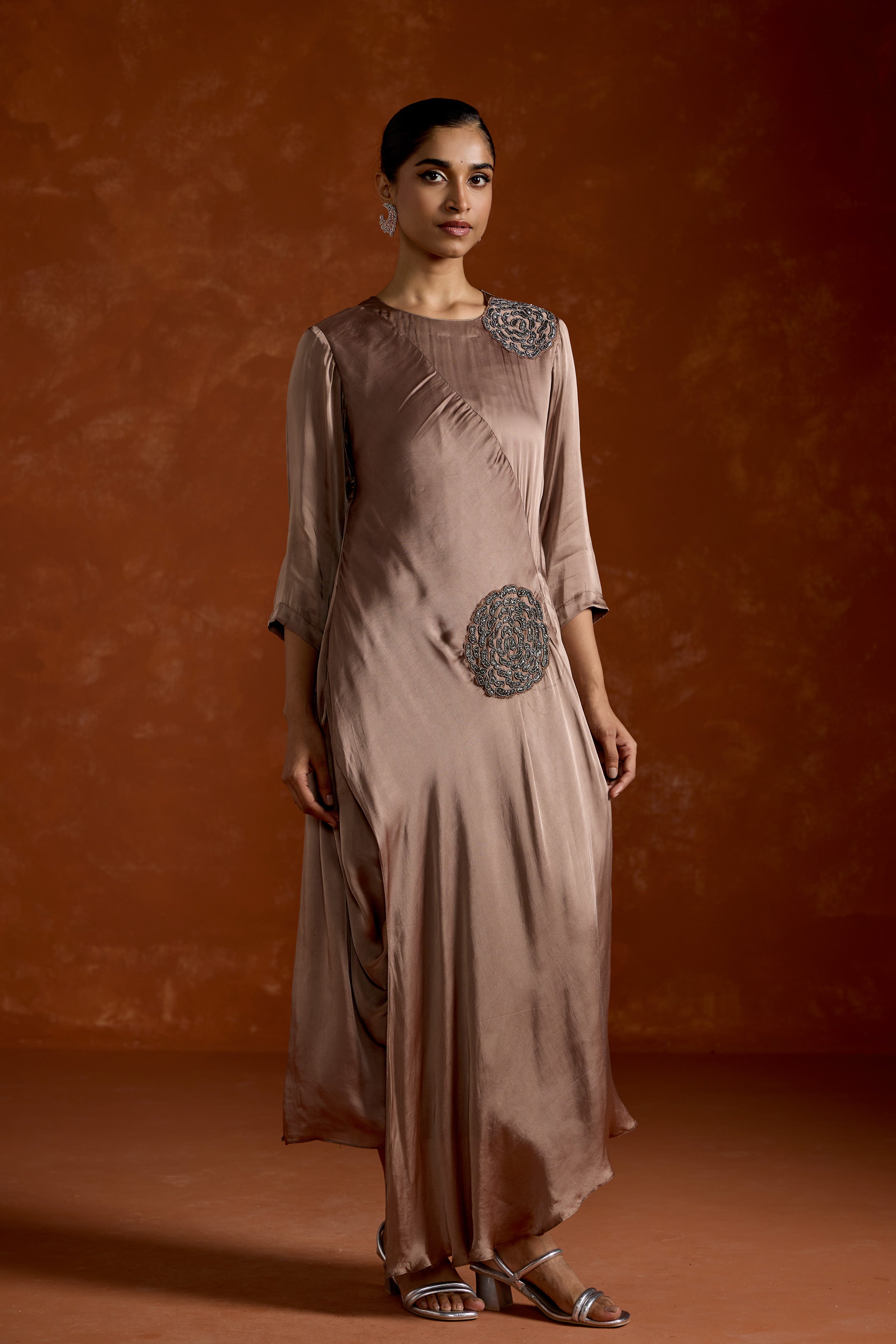 Dusty Almond Embellished Satin Silk Gown