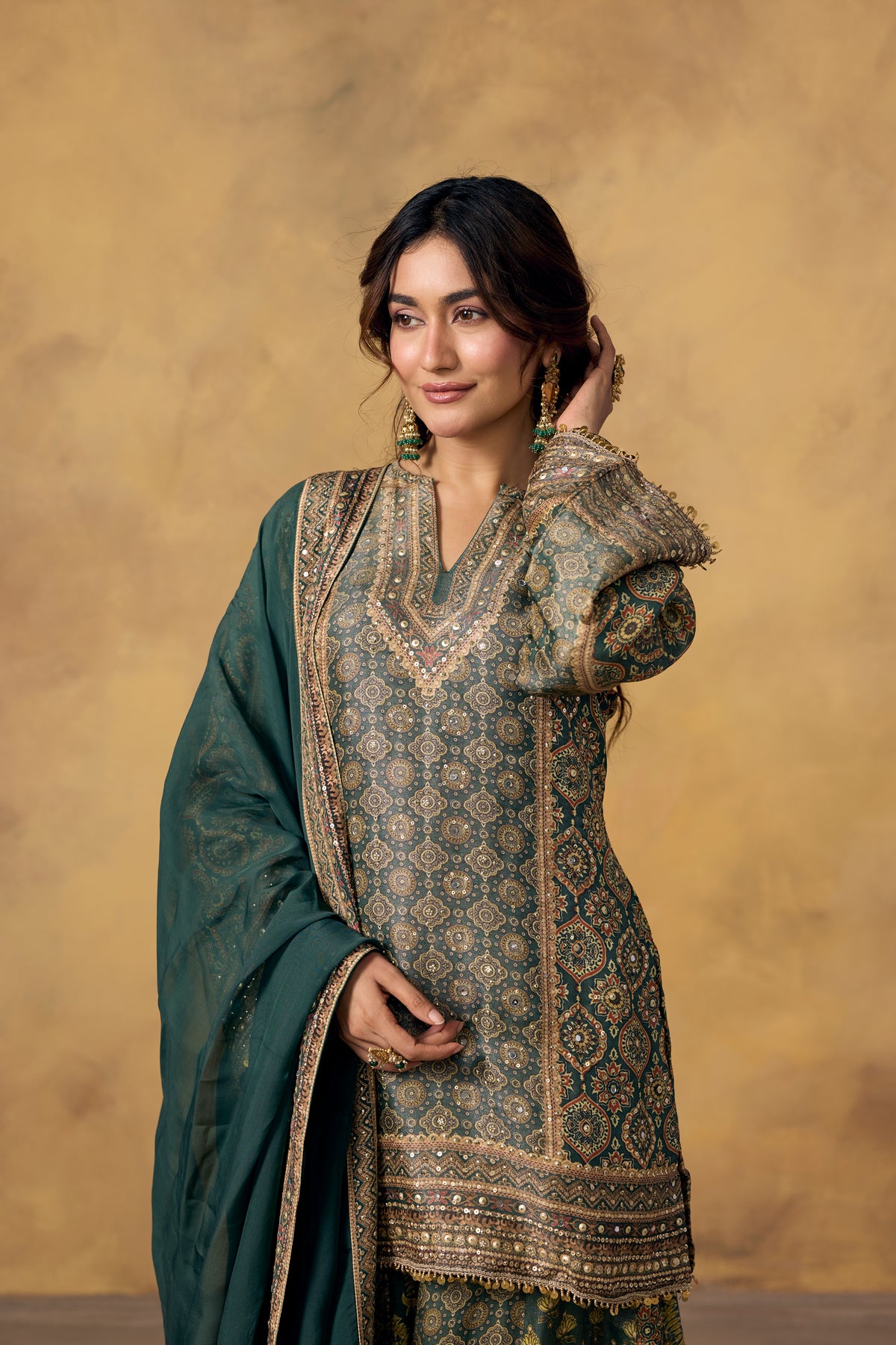 Bottle Green Embellished Banarasi Brocade Palazzo Set