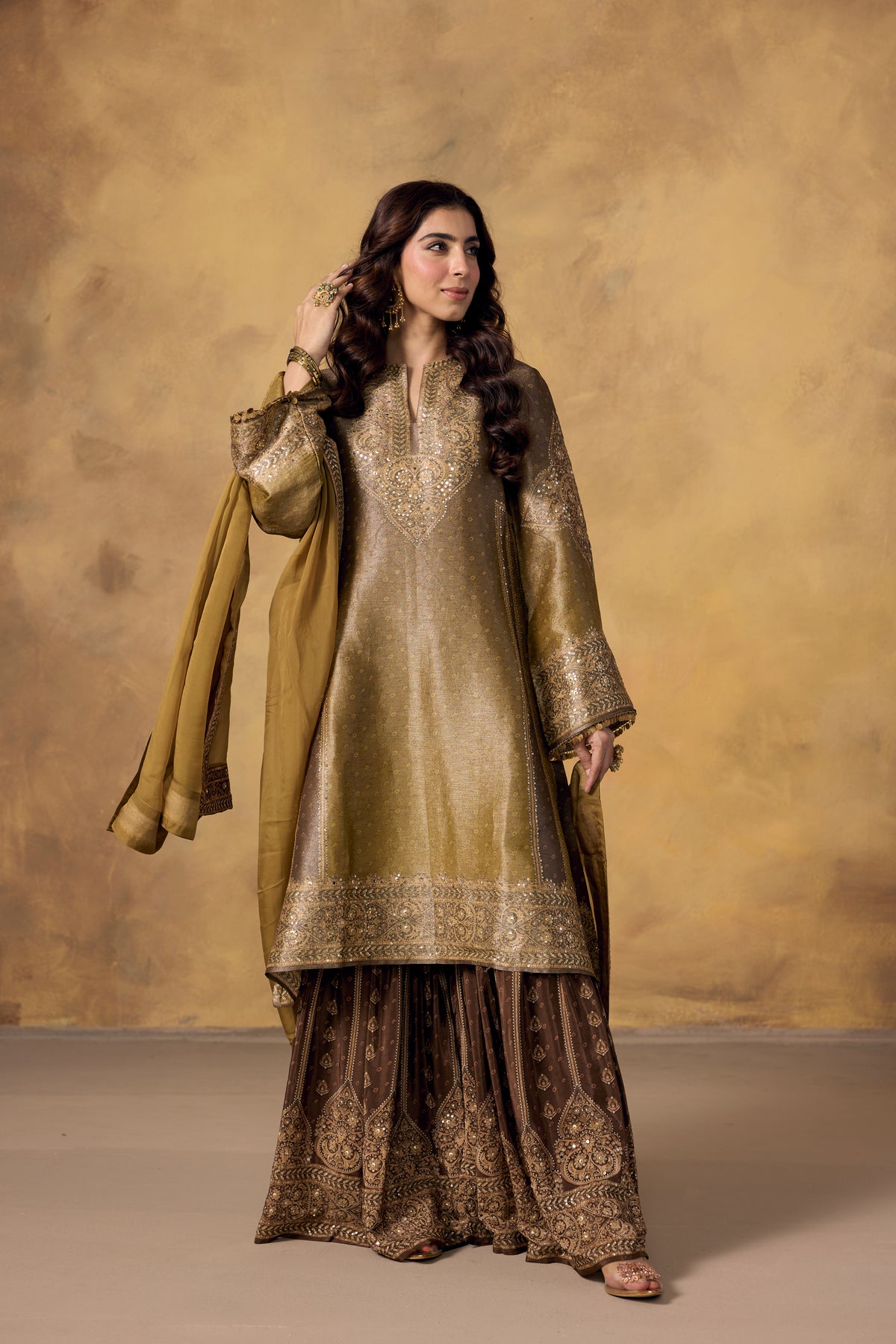 Olive Brown Embellished Shimmer Silk Sharara Set