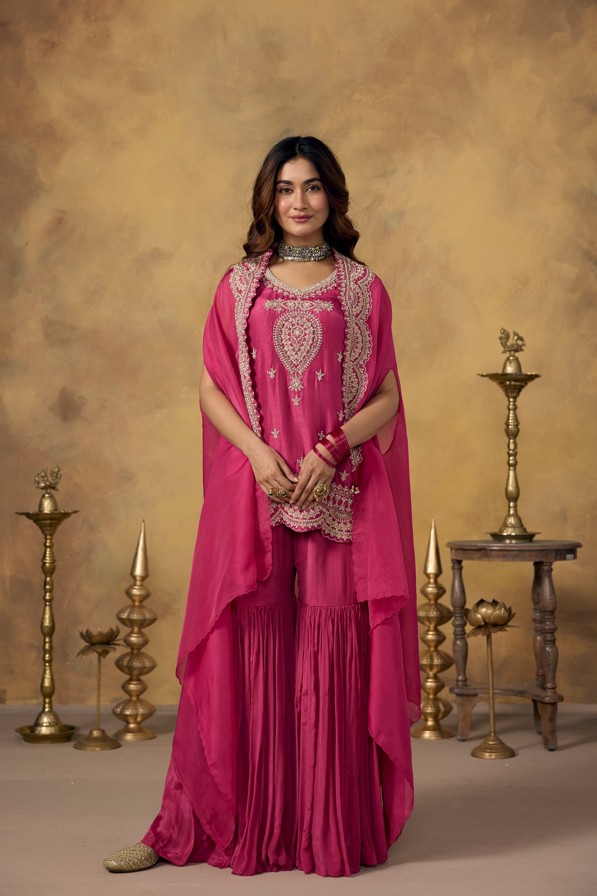 Pink Rose Embellished Organza Silk Sharara Set