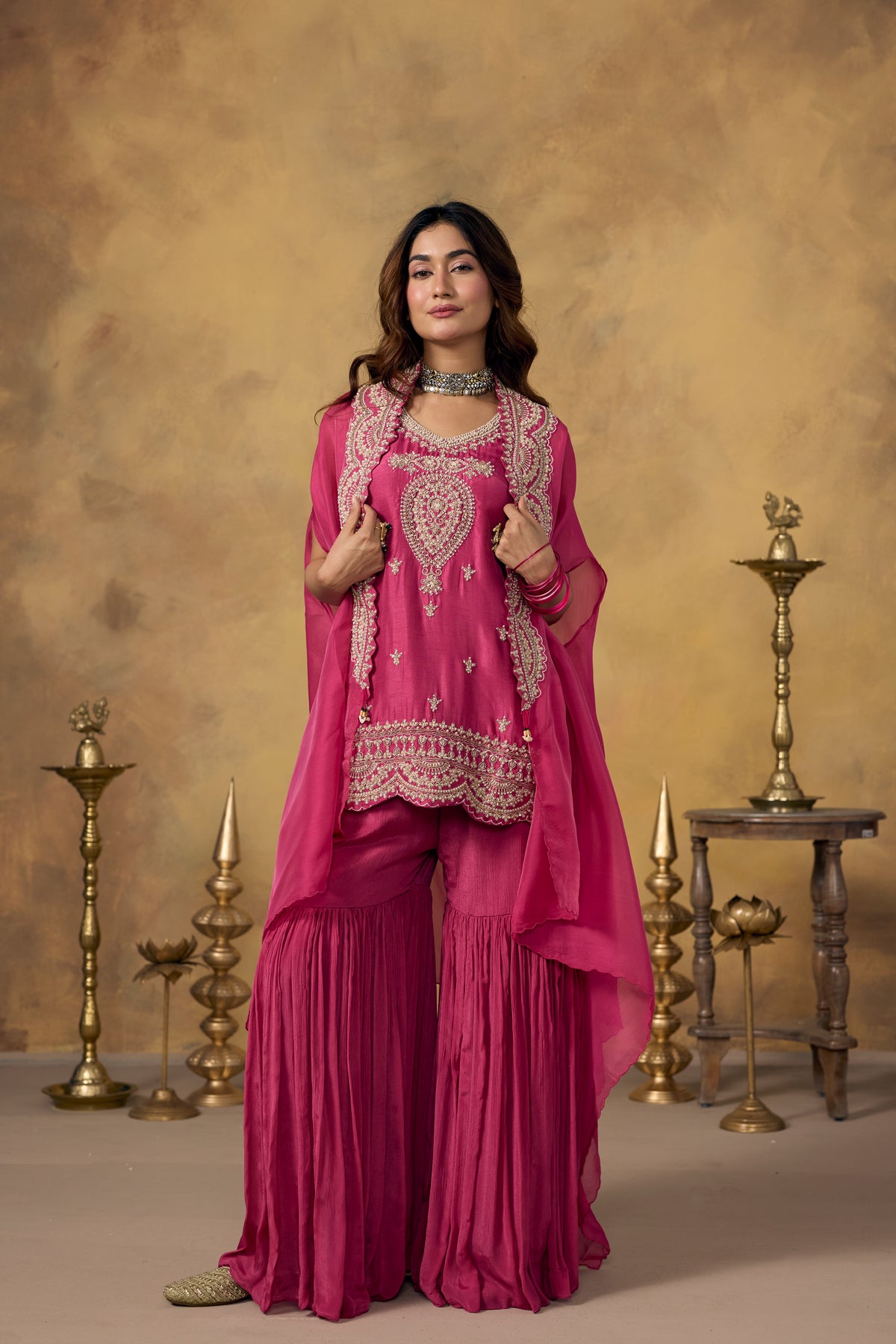 Pink Rose Embellished Organza Silk Sharara Set