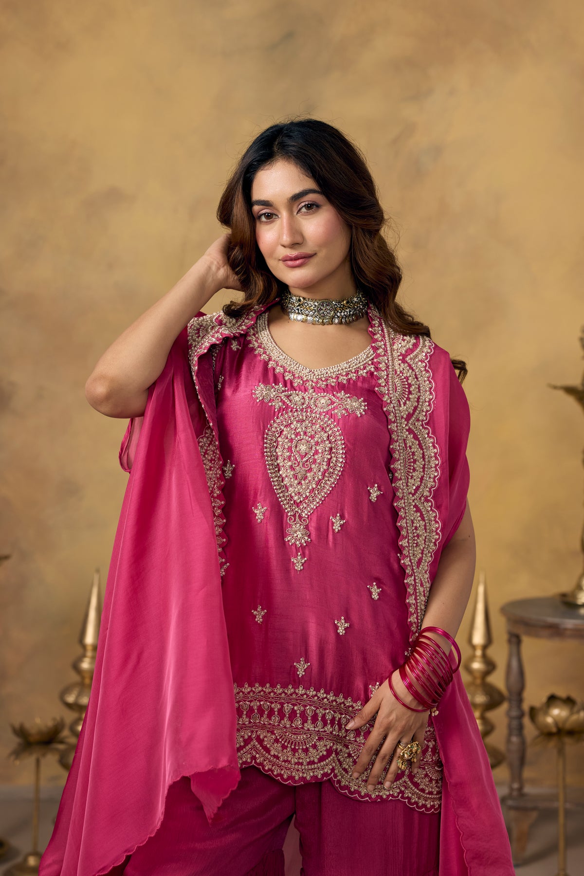 Pink Rose Embellished Organza Silk Sharara Set